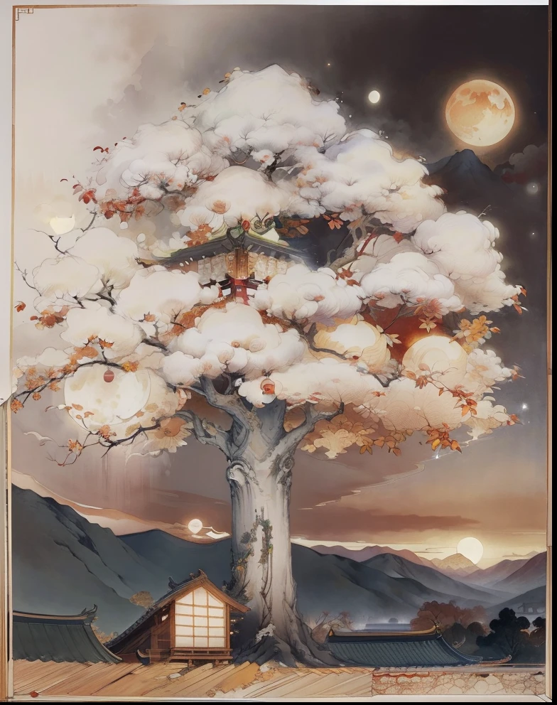 Ancient Chinese landscapes，Ancient buildings，Pavilions，Carved beams and paintings，enchanting scenery，Night，Moon light，Layered, Rich light and shadow,Mid-Autumn Festival, Ink painting style，clean color，Low-saturation colors，Colors of low brightness，Decisive cut，Leave white space，impressionistic，tmasterpiece，ultra - detailed，Epic composition,  HighestQuali，hyper realisitc，Art germ --v 6