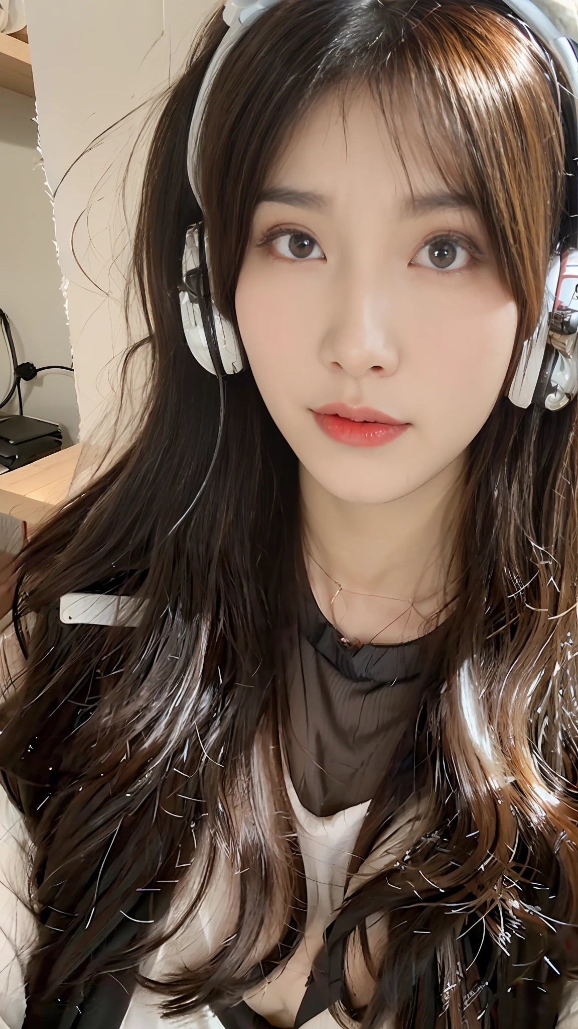 a close up of a woman with headphones on wearing a black and white shirt, instagram filter, profile image, korean symmetrical face, album art, profile picture, 8k selfie photograph, wan adorable korean face, jaeyeon nam, young adorable korean face, milky white skin, korean girl, heonhwa choe, from 8 k matte, with cute - fine - face, sakimichan, jinyoung shin, clear cute face, ((Best Quality, 8K, Masterpiece: 1.3)), Focus: 1.2, Sexy Beauty with Perfect Body: 1.4, Buttocks: 1.3, ((Layered Haircut, Beautiful Breasts: 1.2)), (Wet Clothes: 1.3), (Wild Exposure: 1.3), (Transparent Sexy Underwear: 1.1), Highly Detailed Face and Skin Texture, Delicate Eyes, Double Eyelids, Oily Skin, Long Hair, (Shut Up: 1.3), (Pores: 1.2), (NSFW: 1.8), (Protruding Crotch :1.2),(milf:1.2),(sexy:1.3),( star:1.2)