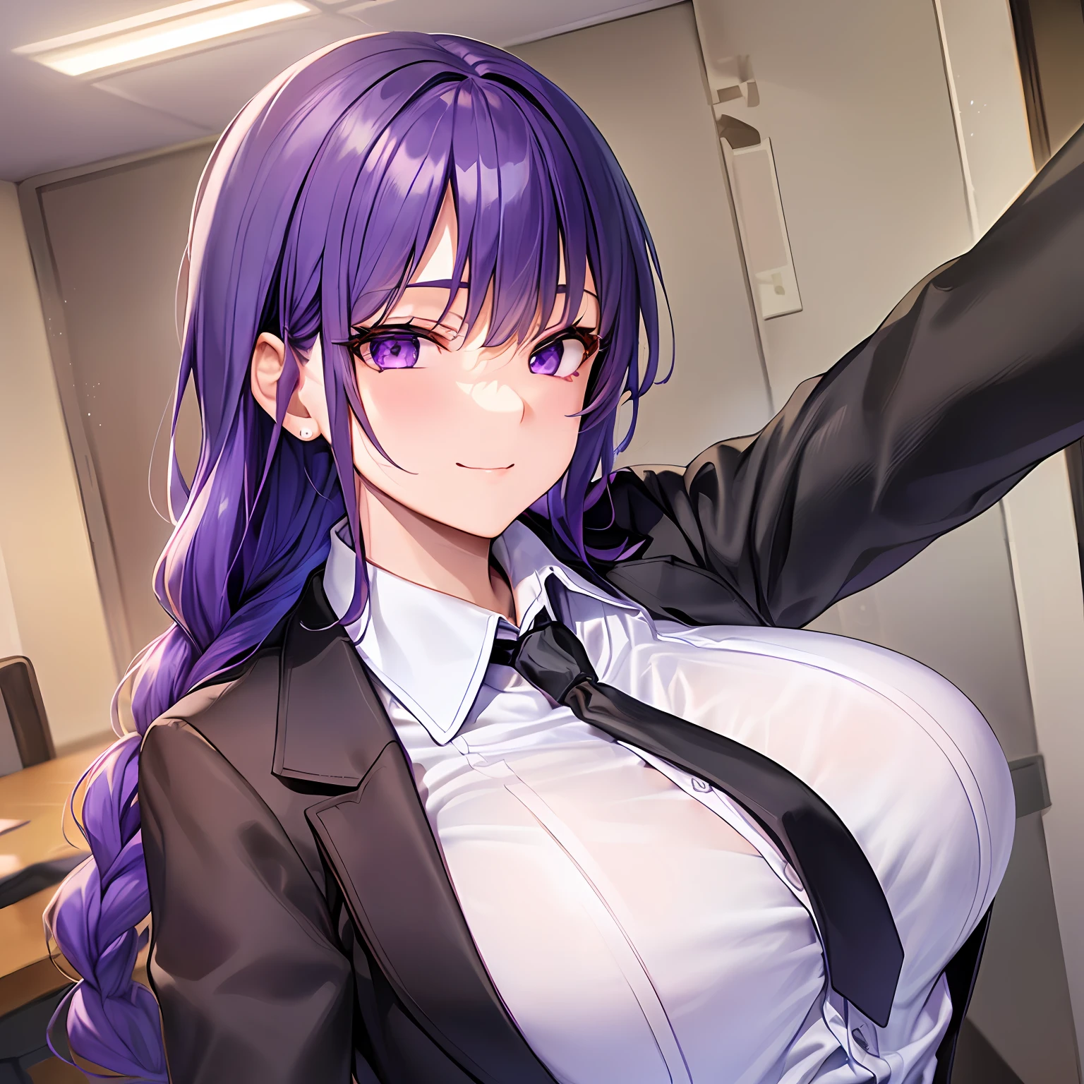 Ahegao((masterpiece)), (best quality), beautiful, extremely detailed face,((expressionless)),((cold attitude)),((tsurime)),((tareme)),,((Mature )),((raiden shogun, smile, bangs, (big breasts:1e eyes:1.2), braid, purple hair, braided ponytail, ringed eyes,
shirt, long sleeves, white shirt, necktie, collared shirt, pants, black pants, formal, suit, black necktie, shirt tucked in, office lady