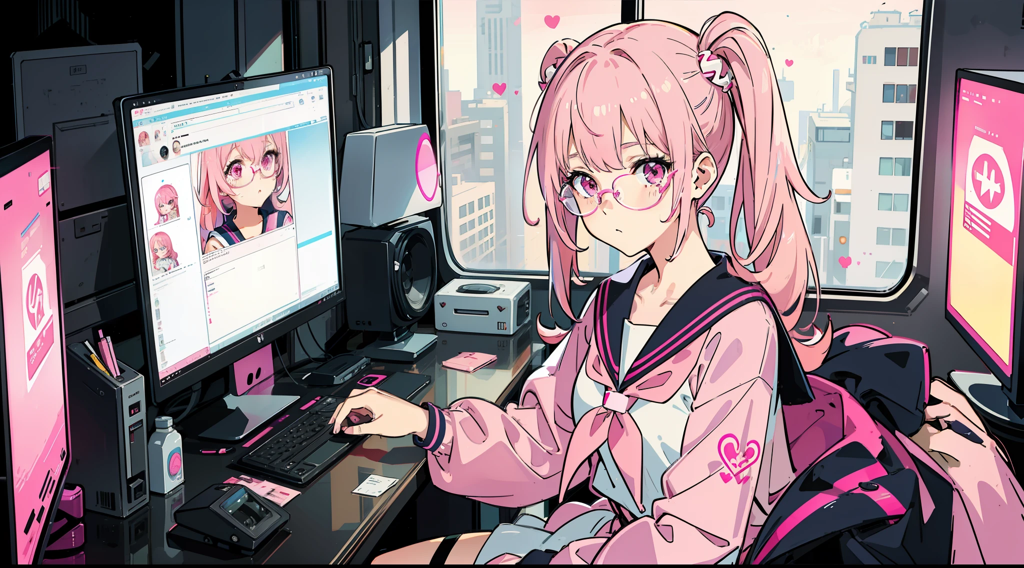 1girl in, Pink hair, Pink eyes, Glasses, Sailor Suit, Pink Cyberpunk, Room with many monitors, Pink fluorescent lamp