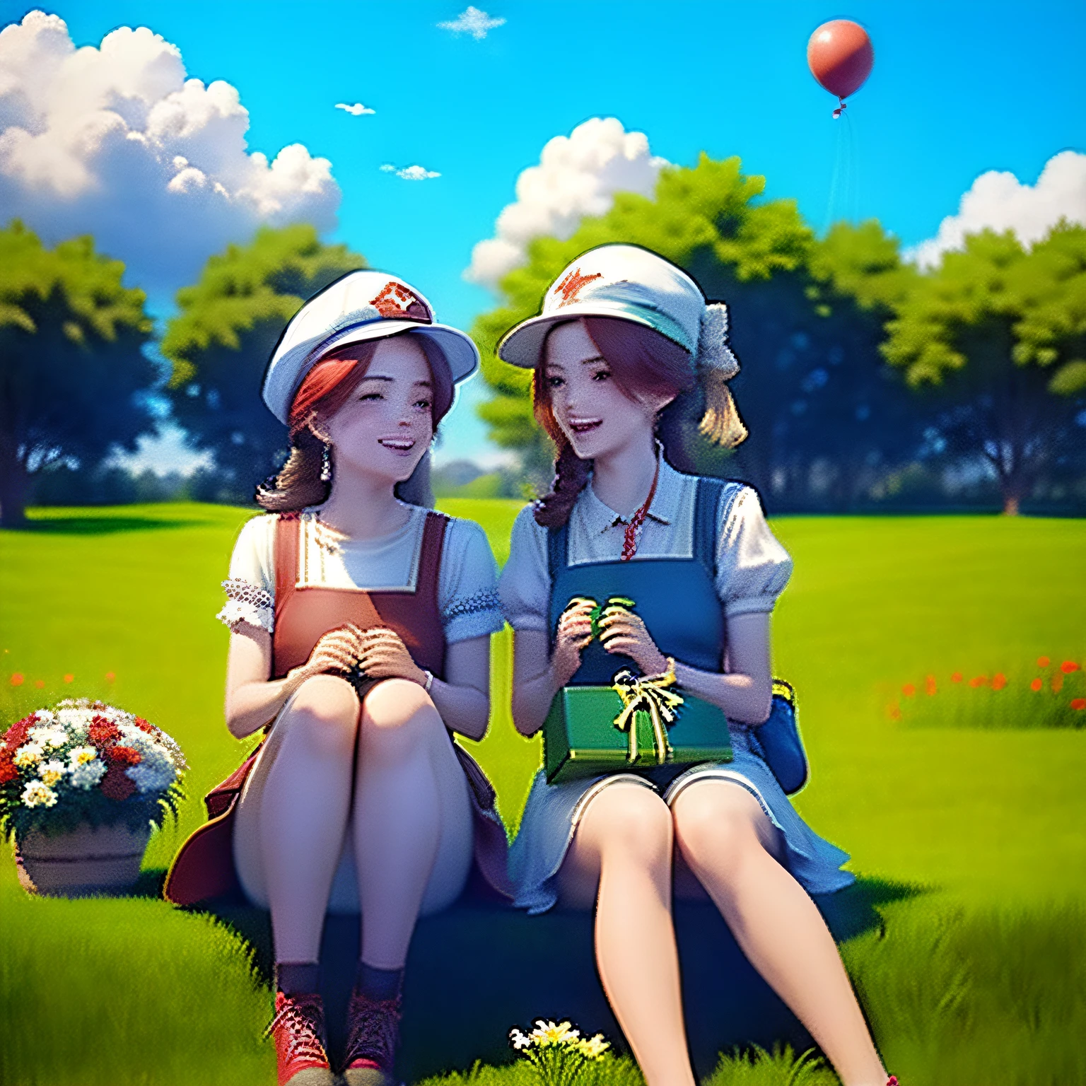 Two girls sitting on the grass，With a red cap，Red volunteer vest，Laughed happily，Both men were holding large gift bags，Balloon blue sky and white clouds in the background, Flowers around，Greenery，Sit in front position，lovely digital painting, Beautiful digital illustration