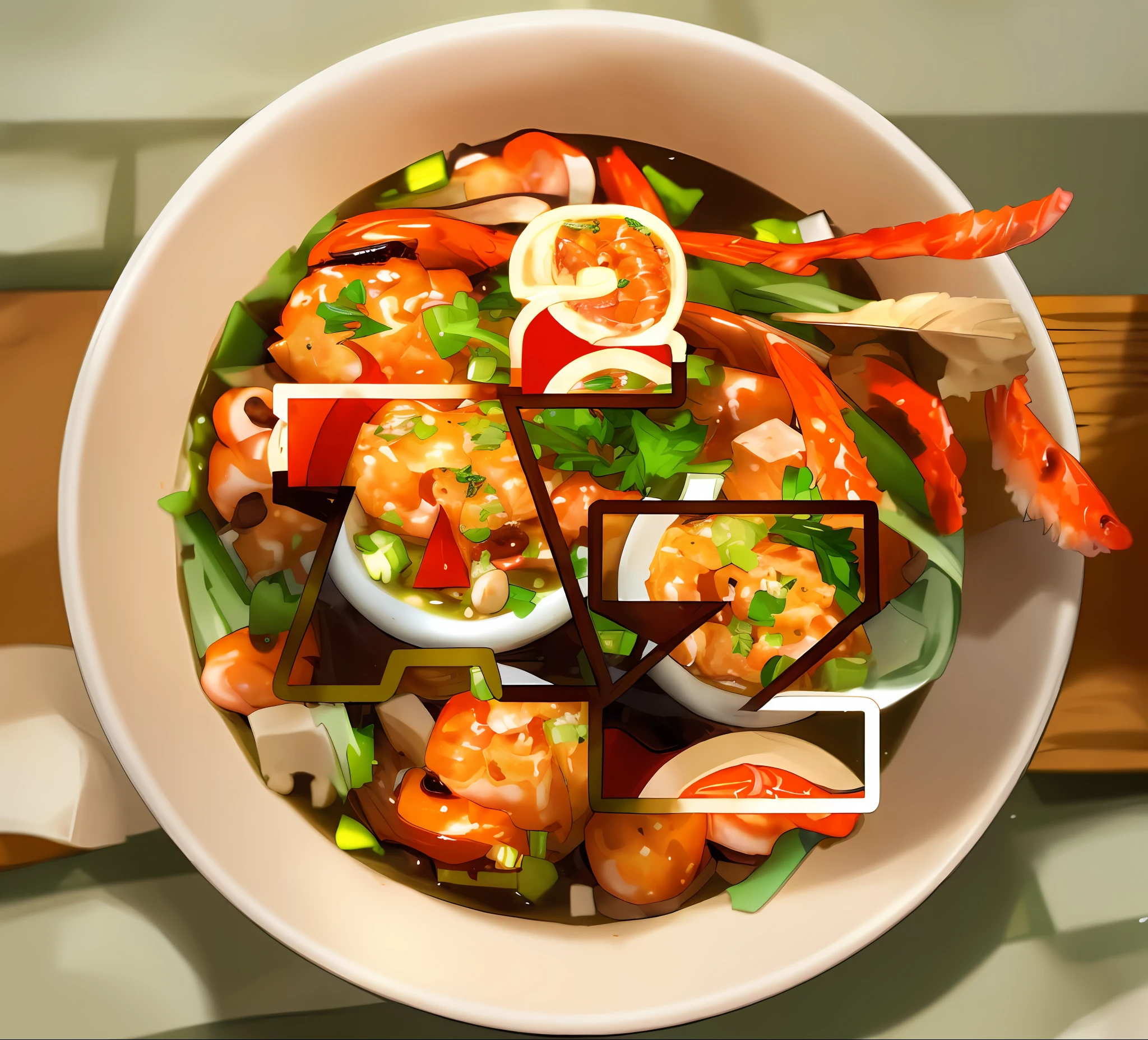 A bowl of spicy mix, with shrimp, tofu cubes, coriander, fish balls, tofu puffs, beef cubes