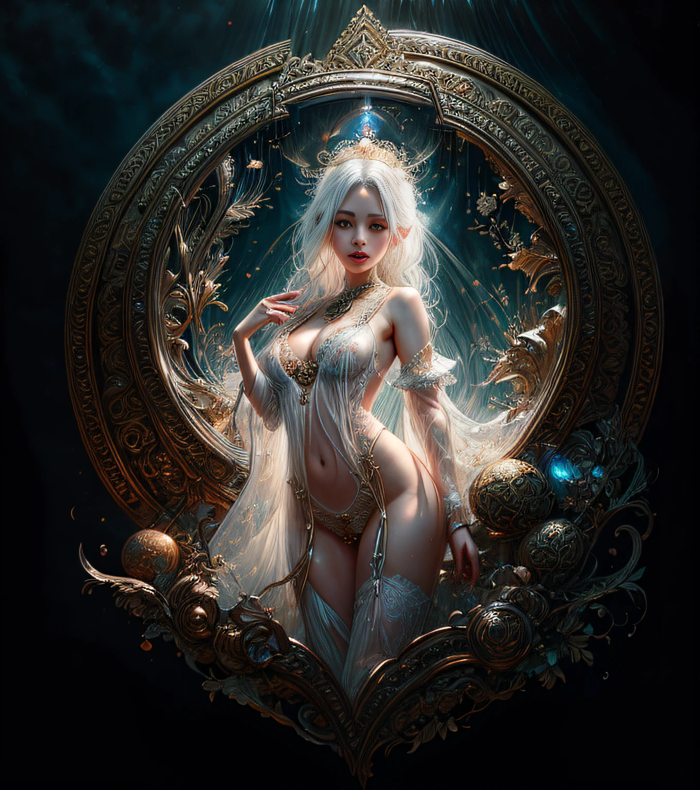 face by tom bagshaw art station,, Moon Goddess, Full Length Figure, Contemptuous Gaze, Detailed Face, (Naked: 1.4), (See-Through Lingerie: 1.3), Gold Decoration, Black Plain Background,beautiful caucasian girl close-up, body in dynamic movement, oil, digital art, splash, full body,art by Sakimichan,oriental mandala tattoo, fractal background, silver and gold and bronze spirit,floating antique clock, lamp ancient, splash,seductive pose, visible pubic hair, breasts visible,full body,beautiful European Caucasian Girl, Beauty, sexy, bare breast, cleavage, bare legs, see-through, standing, hanfu, wet, clear, realistic, highest detail, dragon pattern, phoenix, sacred, holy, golden mountains, heavenly palace, countless palaces, clouds, golden light, golden lotus, (tianchi bath), view of pubic hair,splash, full body,art by Sakimichan,slight smile,plash,seductive pose, visible pubic hair, breasts visible,full body,Transparent clothing, slight smile,Jean-Baptiste Monge style, bright, beautiful , splash, Glittering , cute and adorable, filigree, , rim lighting, lights, extremely , magic, surreal, fantasy, digital art, , wlop, artgerm and james jean,floating antique clock, lamp ancient, splash,floating antique clock,face by tom bagshaw art station,, The perfect masterpiece,Highest quality,Perfect artwork,8K, Upper Body Lens,front portrait,Delicate face,Watching the audience, beautifuGirl,Magical transparent eyes,white hair,Red background, Digital Art,plane illustrations,colorful illustration,minimalist style,anime cartoon style,face by tom bagshaw art station, view of pubic hair,Goddess maiden, gorgeous, splashing, flame, flowing pen and ink,full female body, beautiful caucasian girl close-up, body in dynamic movement,fluid, 3d fractals, light particles, spirit ink, smooth, shimmery, dreamy glow, 16k, sf, complex art masterpiece, Transparent clothing, slight smile,, open legs, view of pubic hair, 1 sexy girl in transparent forest clothes,exposed breasts, open transparent t-shir