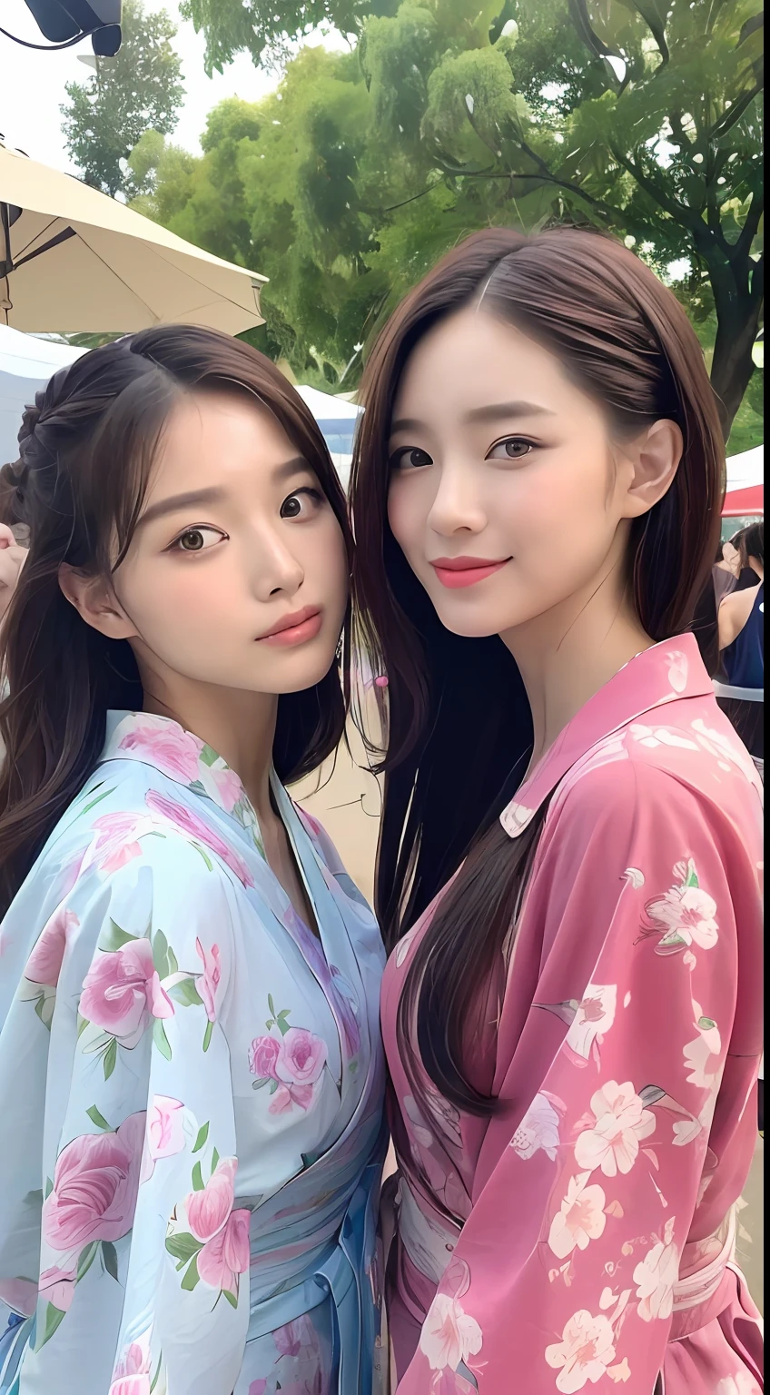 ((top-quality、8K、​masterpiece:1.3))、1girl in、Beautuful Women、Less exposure、(Hairstyle Casual、)、Super fine face、Delicat eyes、二重まぶた、Summer Festivals、Floral yukata、food stand、