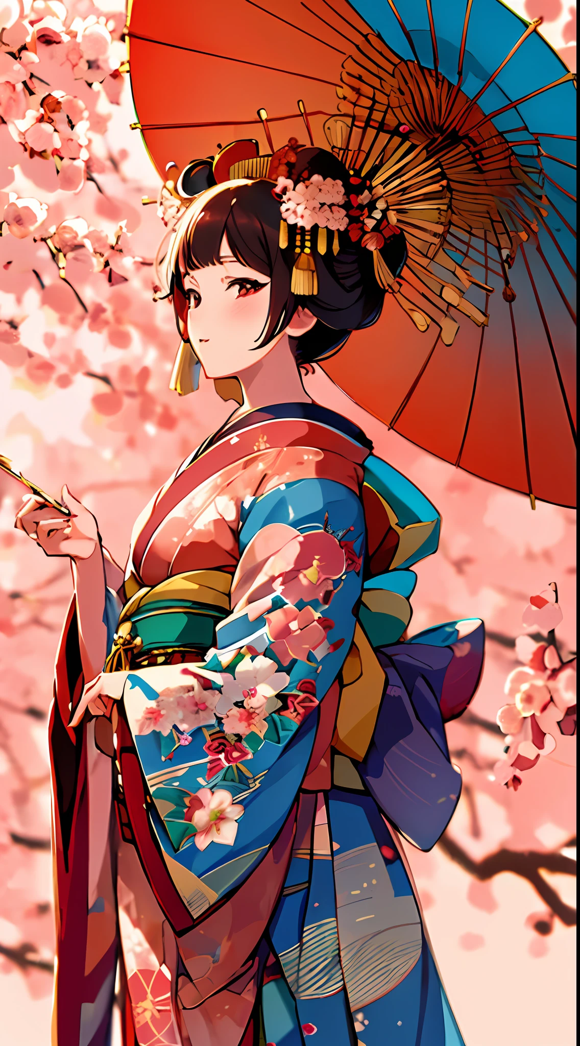 {{{{masterpiece}}}}, {{{hyper detailed}}}, {{{highres}}}, {{good anatomy}}, (((best quality))), ((an extremely delicate and beautiful)), {{an extremely detailed and delicate}}, {8k cg wallpaper}, {{illustration}}, ( Cherry trees background:1.1), bokeh, (chromatic aberration:1.22), mature female, (1girl:1), solo, oiran, (japanese clothes:1.2), hiten1,