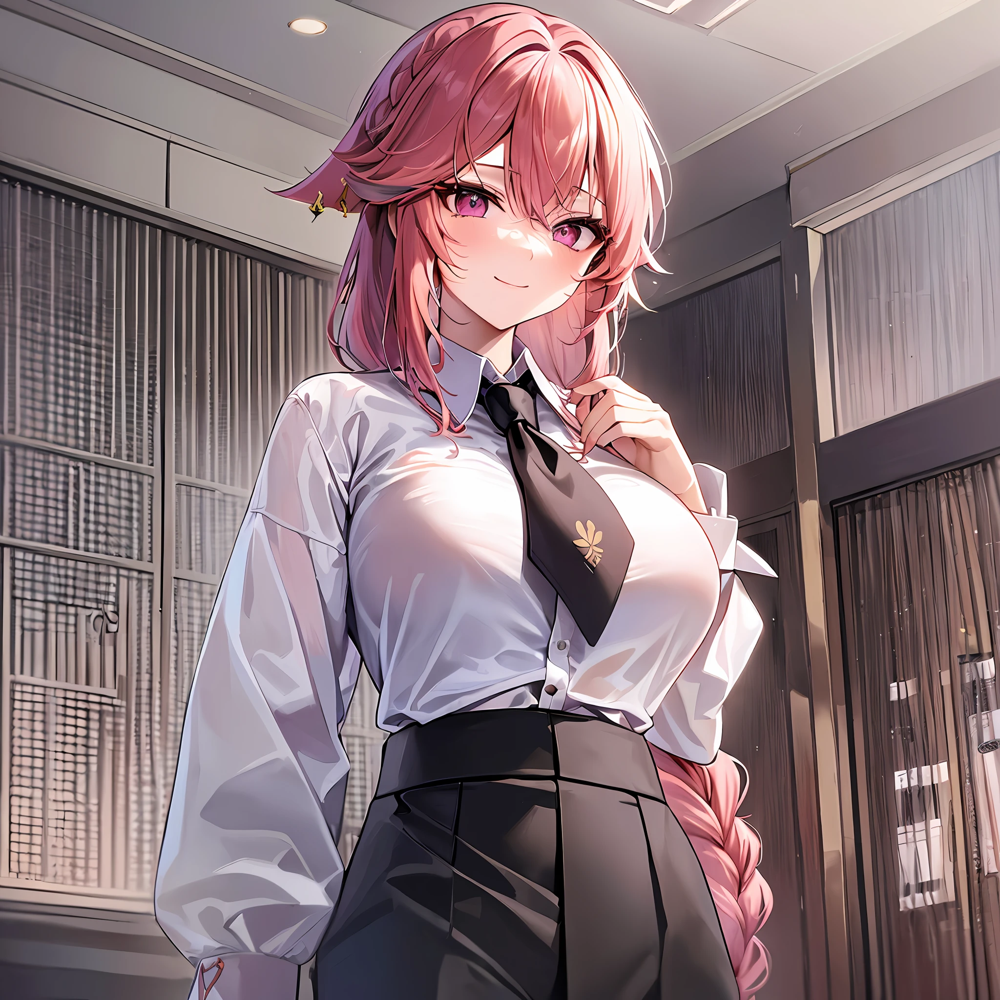 ((masterpiece)), (best quality), beautiful, extremely detailed face,((expressionless)),((cold attitude)),((tsurime)),((tareme)),breasts,((Mature female)),((yae miko, smile, bangs, (big breasts:1.2), braid, pink hair, braided ponytail, ringed eyes,
shirt, long sleeves, white shirt, necktie, collared shirt, pants, black pants, formal, suit, black necktie, shirt tucked in, office lady