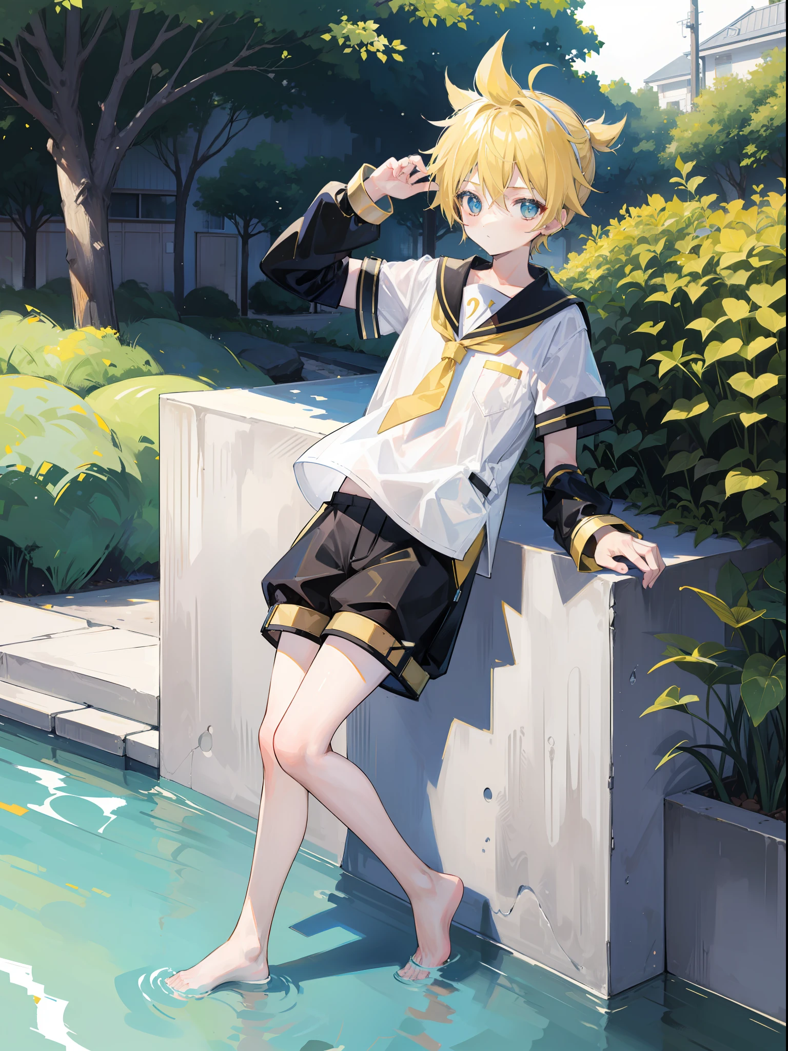 best quality, ultra precision, one boy, (Len_Kagamine), blond hair, shota, cowlick, outdoor, character focus, black short pants, sailor uniform, your cute boyfriend, innocent, full body, slender