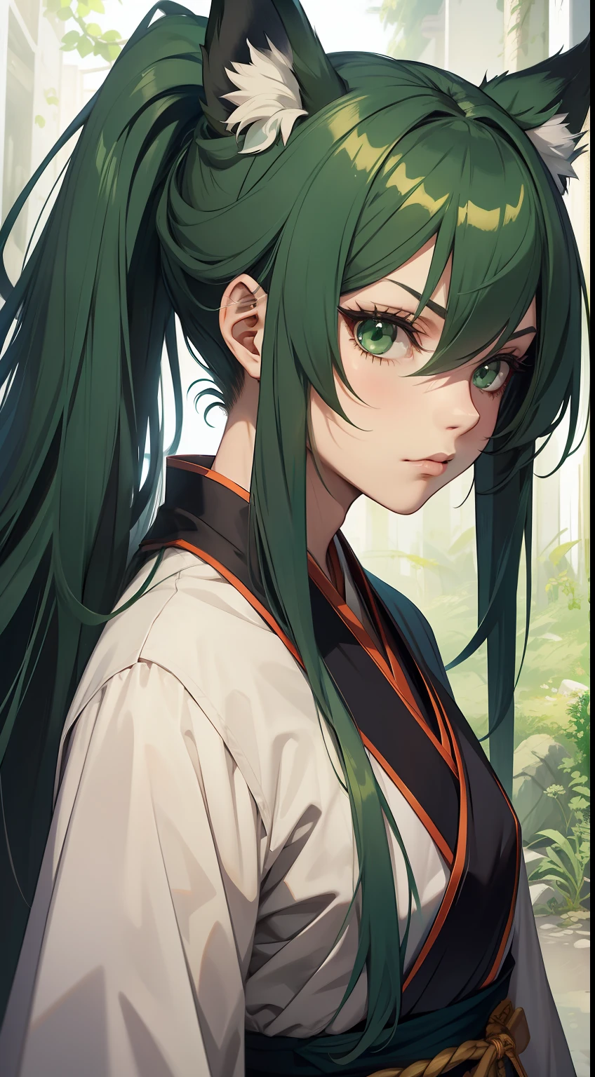 Tall guy, long green hair,high ponytail, Green eyes, wolf ears, Hanfu, a sword, A serious look, Masterpiece, hiquality