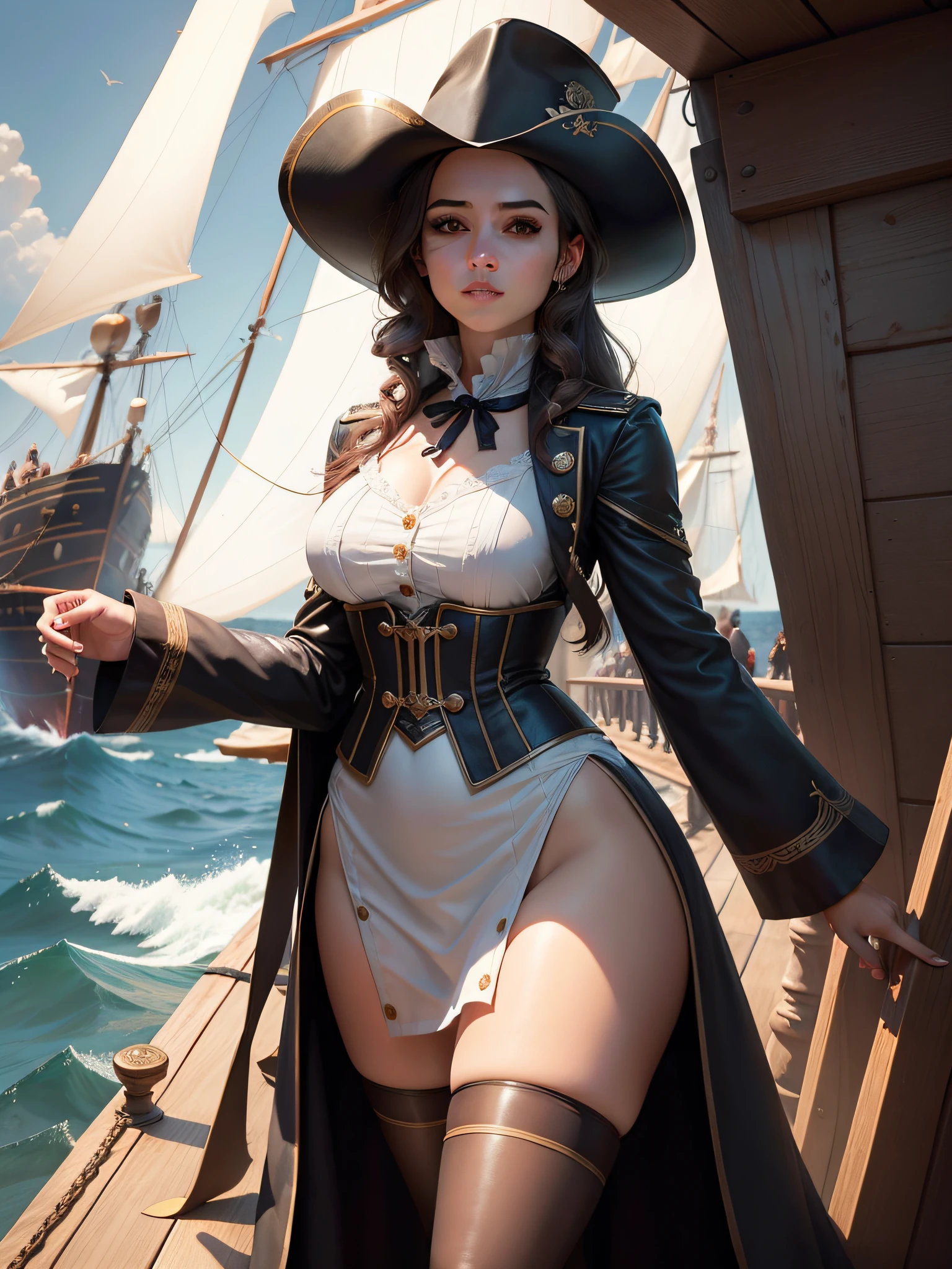 Meet Captain Isabella, uma destemida rainha pirata, Dressed in an elegant and functional ensemble with a touch of fascination. She's confident on the deck of her ship, surrounded by her faithful crew, enquanto eles partem para horizontes desconhecidos.