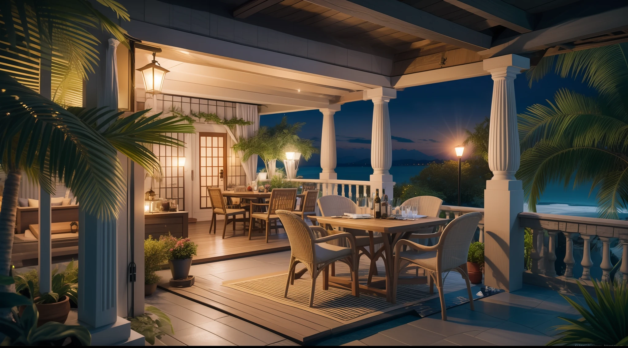 Create a nightscape. Summer night, private house, veranda of cottage style house with sea view, tropical drinks on the table, faint light, relaxing after meal, very realistic, photograph, Canon, Eye-Level Shot, first-person view, super detail, high details, high quality, 8k