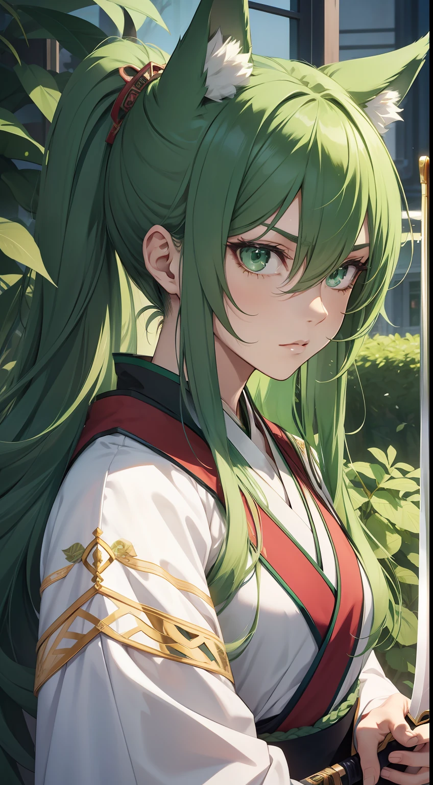 Tall guy, long green hair,high ponytail, Green eyes, wolf ears, Hanfu, a sword, A serious look, Masterpiece, hiquality
