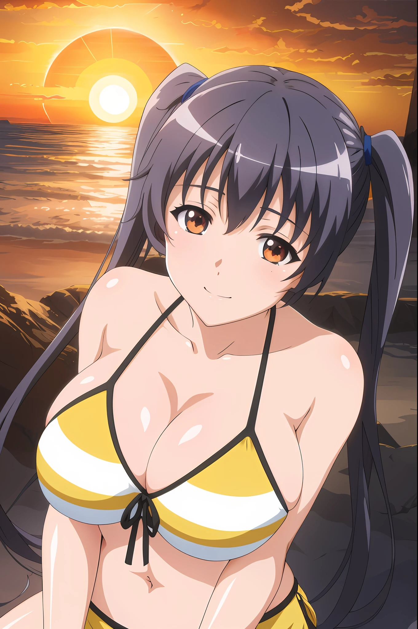 Chica de anime en bikini posando en la playa al atardecer, seductora chica de anime, OPPAI, Mejor chica del anime, Anime Moe Artstyle, official anime still, Furthermore, Atractiva chica de anime, Anime CG arte suave, Hermoso y atractivo anime adolescente, Nagatoro, Yuyushiki, high quality anime movie still, Estilo anime ecchi