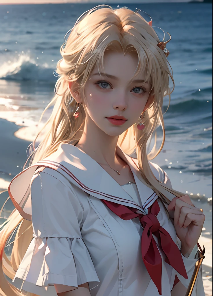 ((tmasterpiece)), ((best qualtiy)), (ultra - detailed), ((The is very detailed)), 4K, (8K), the sailor moon,,(blond hairbl),dressed in(a sailor suit),Delicate facial features,Watery eyes,long eyelasher,The red lips are slightly open,Smiling,self-assured、adolable、Playful,Hold it in your hand(magical staff),Waves crashing on shore in the background,Ripple with youthful breath。