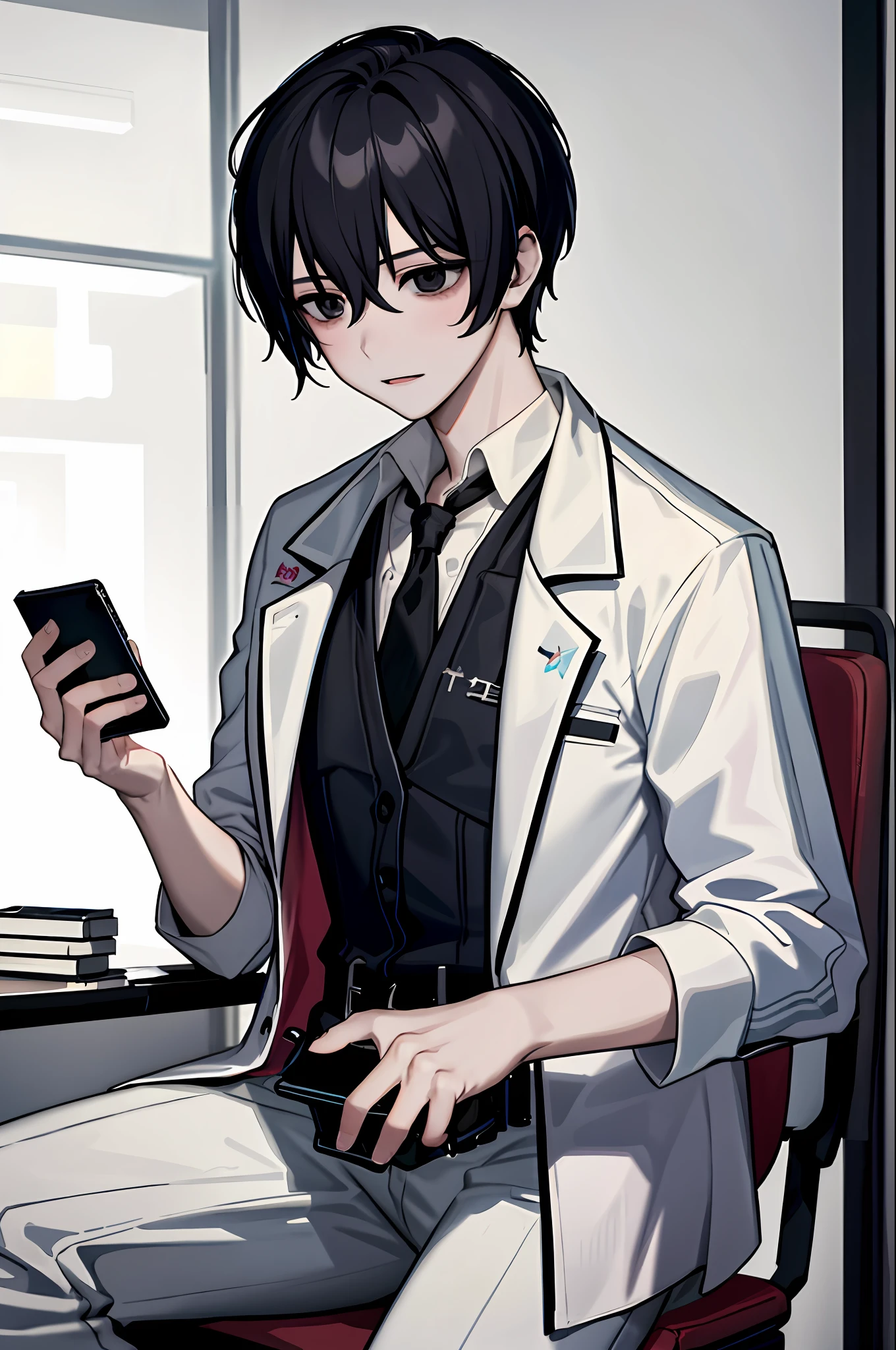 （tmasterpiece，best qualtiy，A detailed：1.1），yisang_limbus，default_outfit，1boy，独奏，wearing hospital gown，One hand holding a cell phone sitting on a hospital chair