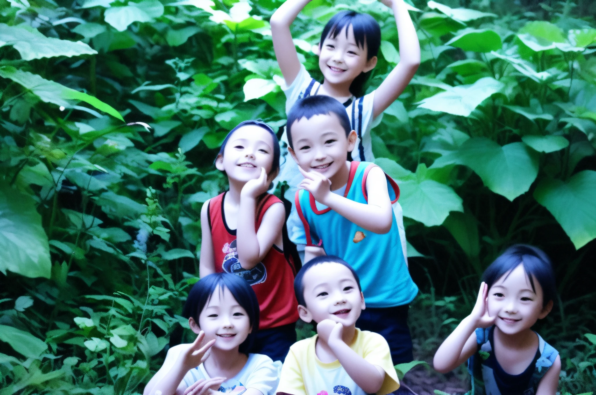There are a lot of children posing for pictures in the woods, In the flowers,Very happy,There is a little ,Little Shota,Warm atmosphere,hyperactive,Very happy,prette,Handsome