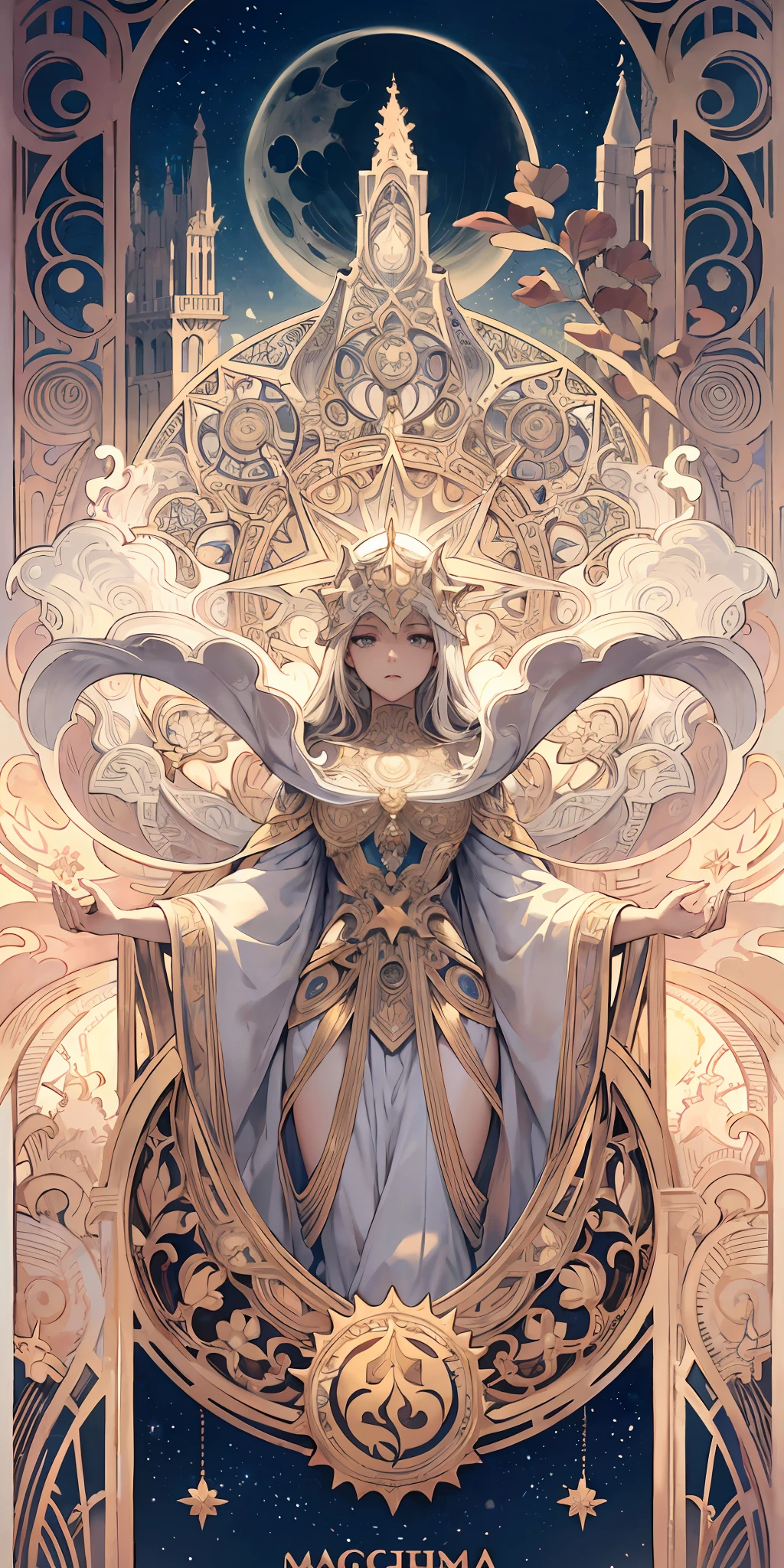 Blank box,Blank card, Slim frame,Flower frame, Decorative panels, abstract artistic, Alphonse Mucha (tmasterpiece, best qualtiy, A high resolution: 1.4), A detailed, Complicated details, 4K, Color splattering, Line art, Fibonacci, starrysky, natta, exteriors, Clouds, Reflectors, Eau, magick, (tarot cards),Cards, ((beautiful golden crystal star)) buliding, palaces, Patterned, Sumeru, Clouds, themoon
