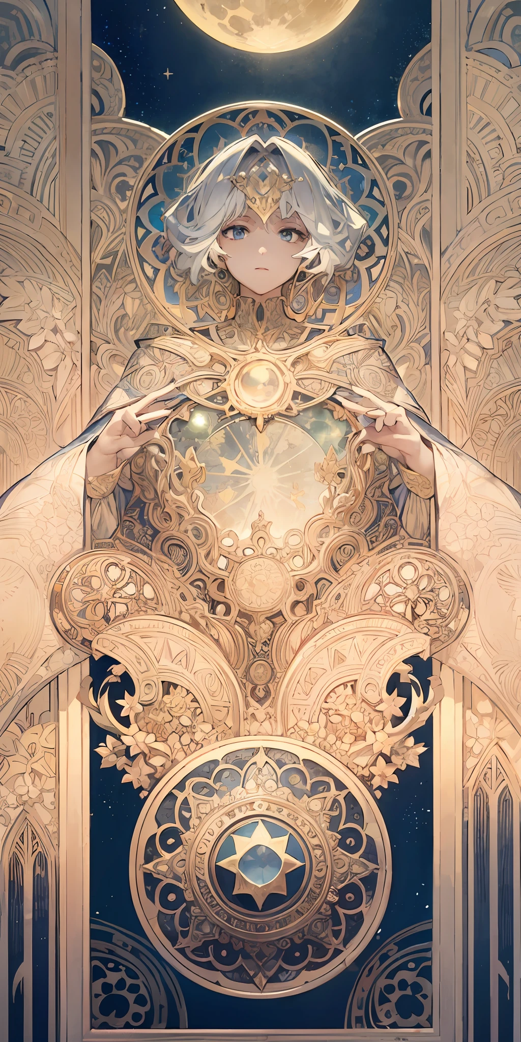 Blank box,Blank card, Slim frame,Flower frame, Decorative panels, abstract artistic, Alphonse Mucha (tmasterpiece, best qualtiy, A high resolution: 1.4), A detailed, Complicated details, 4K, Color splattering, Line art, Fibonacci, starrysky, natta, exteriors, Clouds, Reflectors, Eau, magick, (tarot cards),Cards, ((beautiful golden crystal star)) buliding, palaces, Patterned, Sumeru, Clouds, themoon