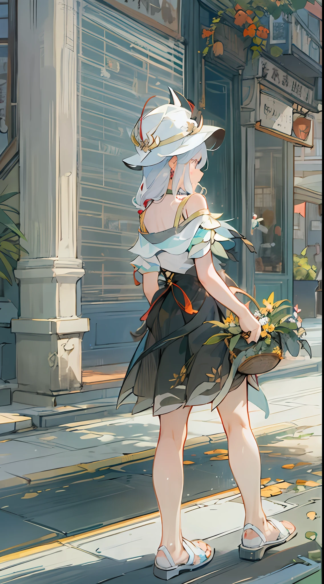 tmasterpiece, Need, 1girll, Solo, Side_Braided Street, plant, (whiteskirt),shenhe_Genshin,Genshin Impact, a skirt, off the shoulder dress, cropped shoulders, Straw Hat Hat, white color hair,(: >), Double up braid,, full bodyesbian, (rays of sunshine), (), sandals, Blushlush, 鎖骨, white shoe, Miki bag summer, Miki V2,,,