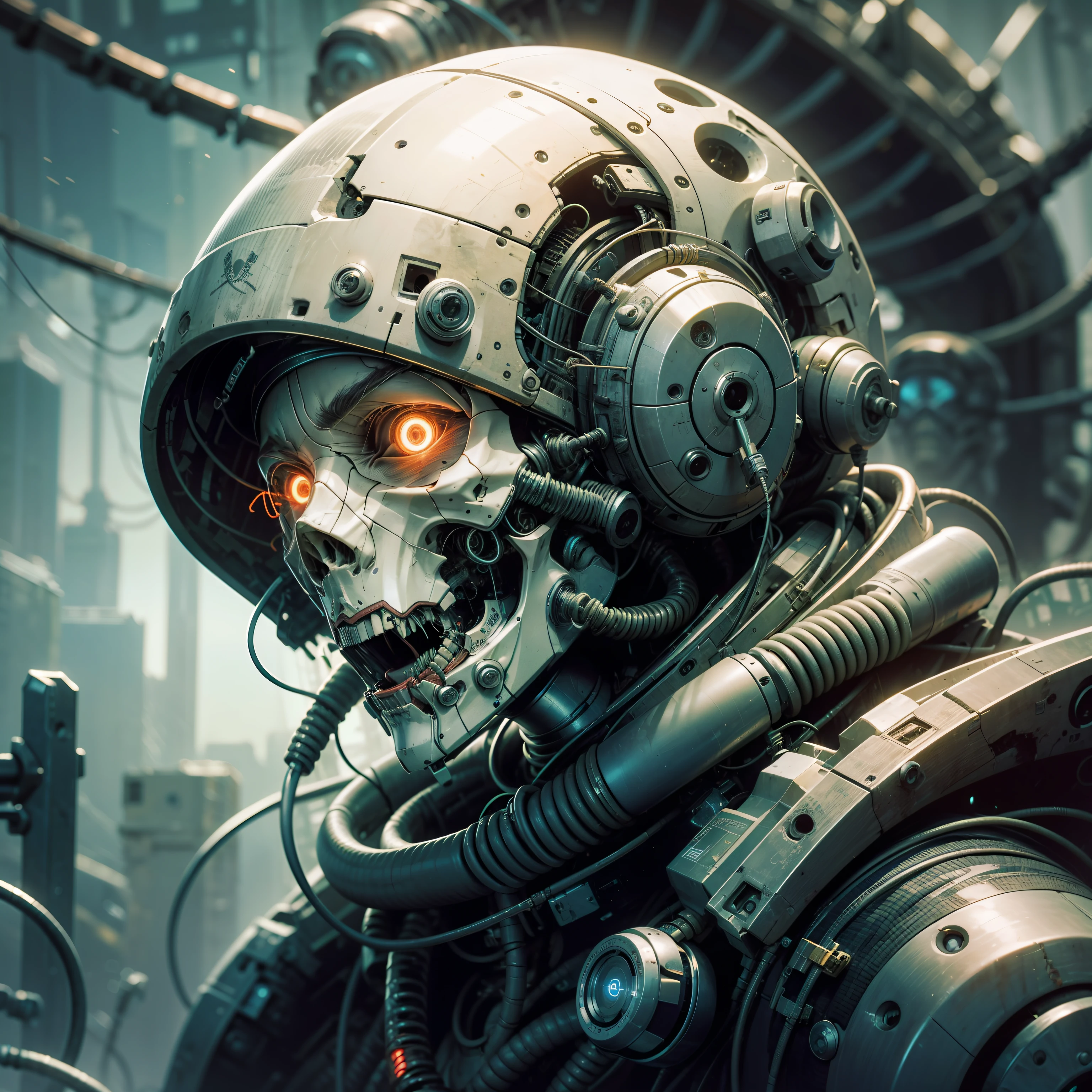 Close,Cybernetic skull screams,cable wires,electrical wires,mechanicalparts