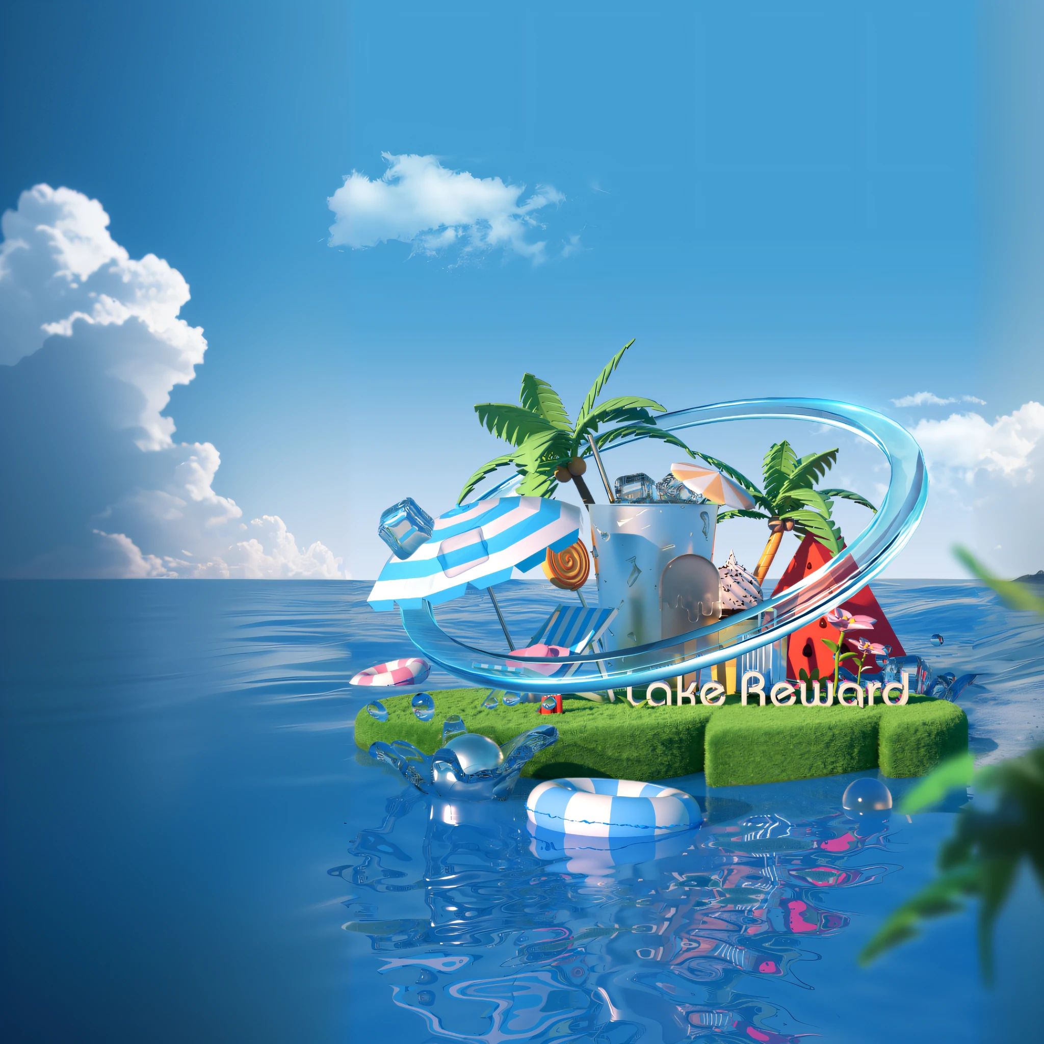 There is an island,There were beach umbrellas and palm trees, 3 d render stylized, Rolands Zilvinskis 3D rendering art, Island background, in style of 3d render, 3D illustration, 3 D 插图, stylized 3d render, award winning 3d render, stylized as a 3d render, promotional render