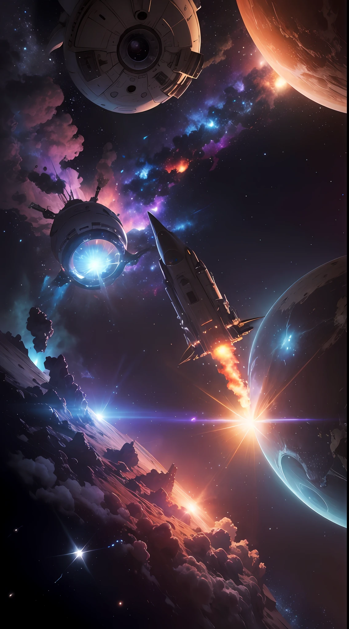 A group of spaceships flying through the sky with stars in the ...