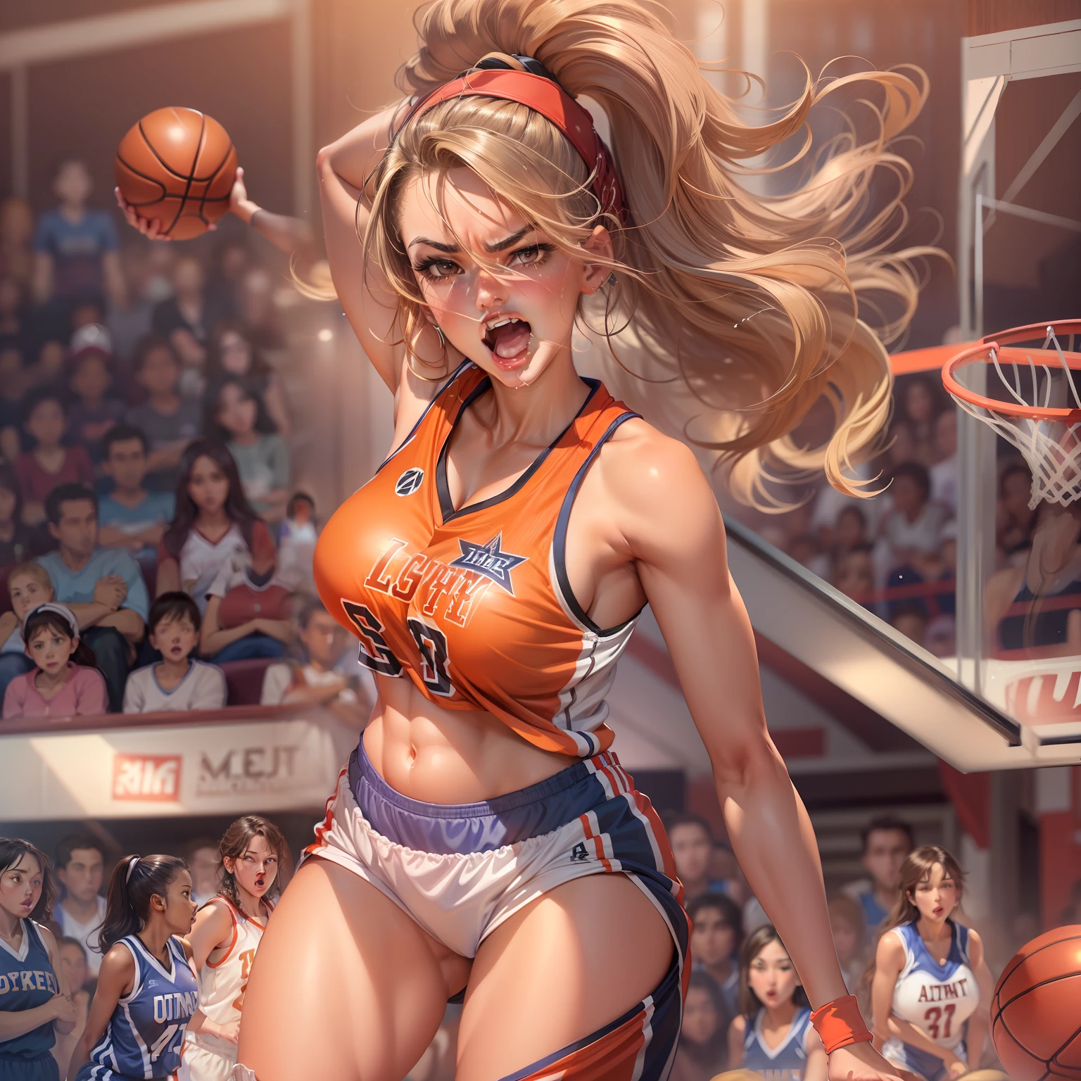 (hight resolution, Best Quality, Masterpiece:1.4), (Milf, Mature woman:1.3), sparkly skin, thick-thighs;, wide hips, Teeth on the skin Big breasts, (Woman in basketball clothes:1.3), Basketball jersey, basketball shorts, Short shorts, Sweating Lots,, Sweating Lots,, (On the basketball court:1.2), (Her panties are visible under her shorts:1.2), taut clothes, pubic hair, The expression of an angry face, Mrs, Dominant woman, Alpha Woman, From Bottom, Blushing, Beautiful background,