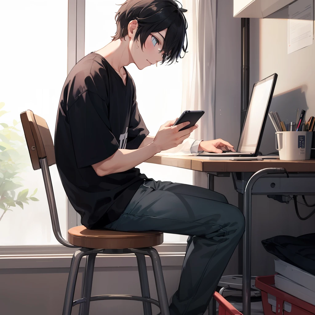 1boy,Black hair,黑The eye,(Sit on a hospital stool with your phone 1.1),Feeling lost,Spread your hands,Side view of the eye,