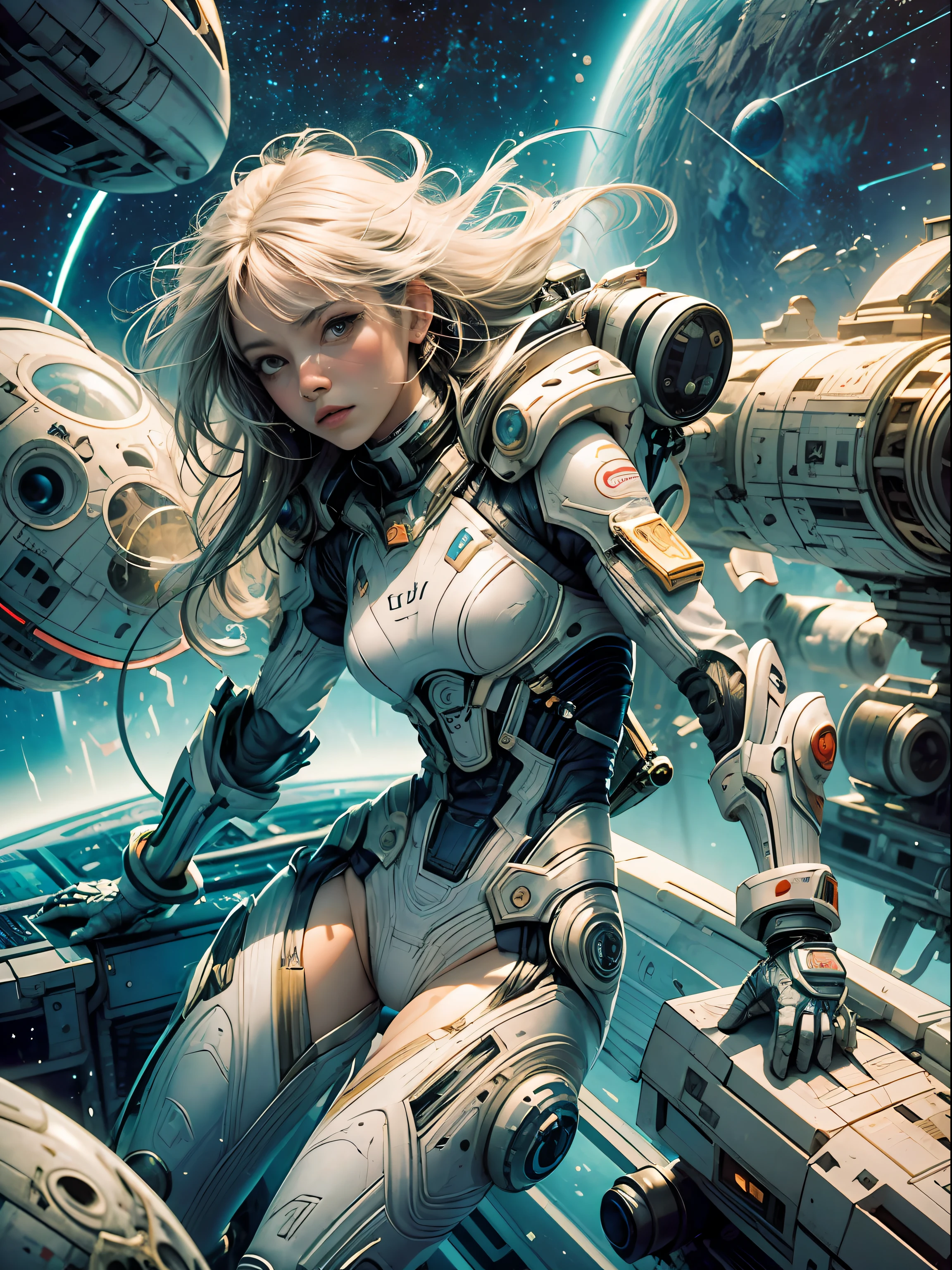 tmasterpiece，1 monk warrior girl with white tech suit clothes，White long hair，laces，abstract vintage scifi background，art by Moebius，Ashley Wood's art，dynamicposes，Wandering Earth，Space Starry Sky