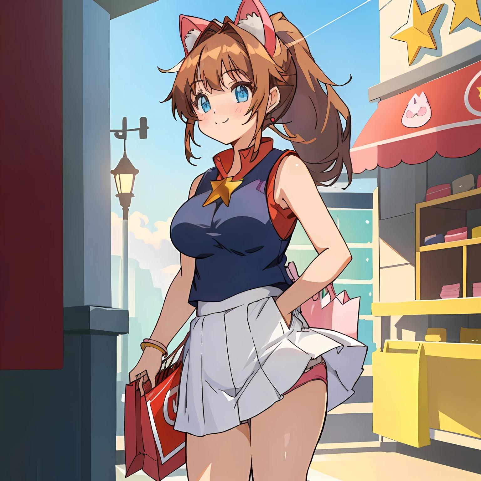 (Highly detailed CG Unity 8k wallpaper), (Best Quality), (Super Detail), (Best Illustration), (Best Shadow), POV, Realistic lighting and shading, Natural light, Lens flare effect, BREAK, 1 beautiful girl, Solo,(Cute:1.5),(Chibi:0.8), (kawaii:1.5),(Lori:0.5), BREAK, ( ( girl), Very detailed, colourfull, highest details, BREAK, (Huge breasts: 1. 2,), Clear skin, Beautiful skin, Shy skin, 1 beautiful girl, Brown hair, (Cat ears, Ponytail, medium-Long hair: 1. 2), (Light blue eyes, long eyelashes, Double eyelids: 1. 2), Solo, gleaming skin, BREAK,(skirt by the,a miniskirt,Panchira:1.2), (Sleeveless, sleeveless shirts, Red Shirt:1.2), (star-shaped earring:1.1), (Lace headband:1.0), (Cute Accessories:1.3), (A smile,Happiness:1.1), (is standing,Slouched:1.3), Holding red string panties in his right hand, (Angle from the front:1.1), BREAK, (Shopping Dating:1.2),(Women's Underwear Shop:1.5),(Multiple female customers)
