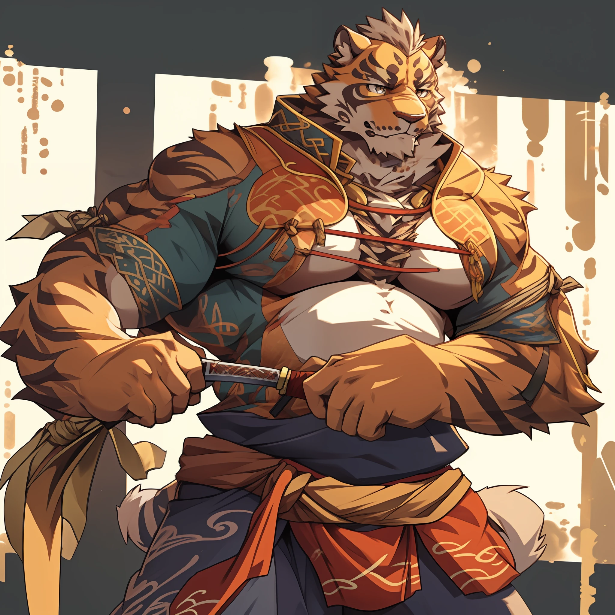 Lin Hu，musculature，tit，Fat Chubby，Wear a katana，potbelly，Plump and firm，Huge protrusions on the lower body，Wear a katana，Samurai style，carrying swords on his back，With a knife on his back，Pinch your waist with your hands，Five fingers