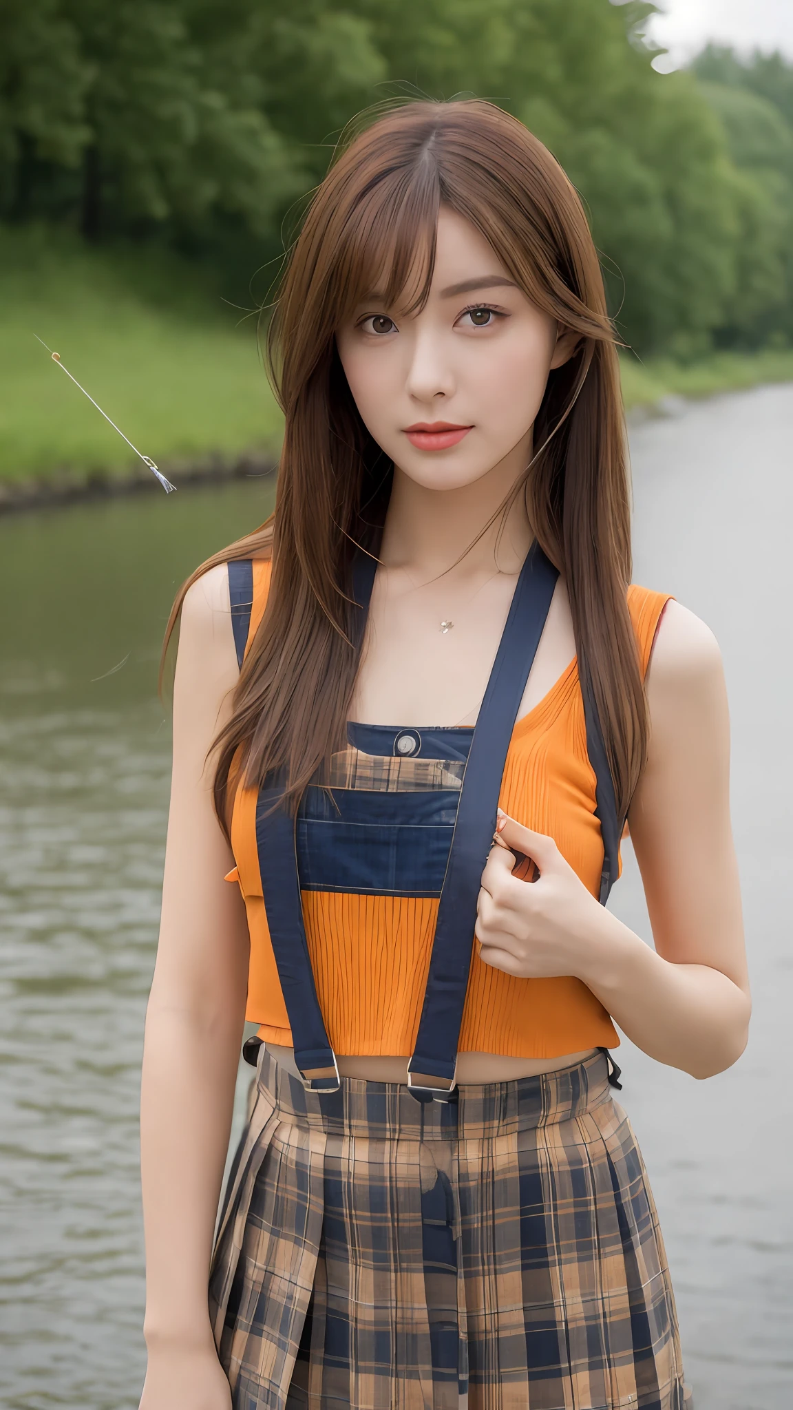 (realisticlying, A high resolution:1.3),Stand by the river and fish,There are fishing rods,There is a fish hanging from the hook, 1 girl with a perfect body, Super fine face and eyes,long whitr hair, Tank top of random colors:1.2, Sexy orange suspenders,Suspenders,Short pleated skirt