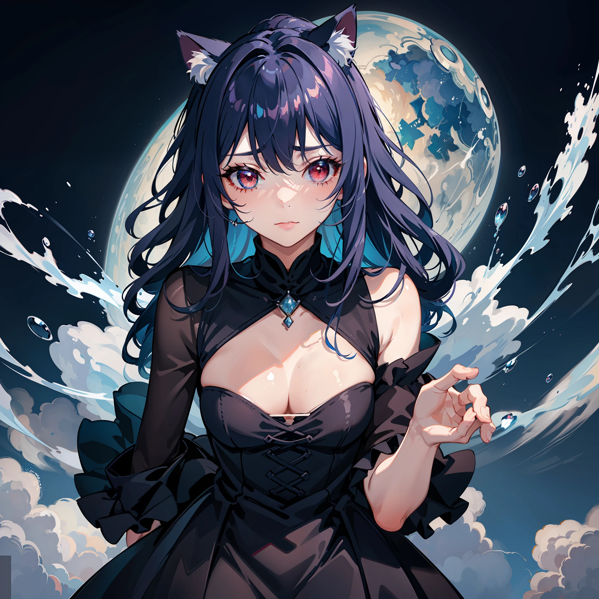 The sky rioted, and the floating lightning symbolized huge crystals, red eyes, wings bound by huge chains, and a dark abyss.Cg rendering) ((masterpiece)) (HD wallpaper), Illustrationism, extremely detailed CG rendering, exquisite shoes, exquisite facial makeup, big eyes, round face, cute little girl, peach eyes, looking at the audience, natural feeling, squinting, cute and vivid, cute expression, close to the screen, staring at the audience.Blue starry sky,Colorful starry sky,black color dress,Cute and dumbfounded expression,Dumb royal sister,((blue hairs)),(long whitr hair),(dishiveredhair),(red color eyes),cat ear。