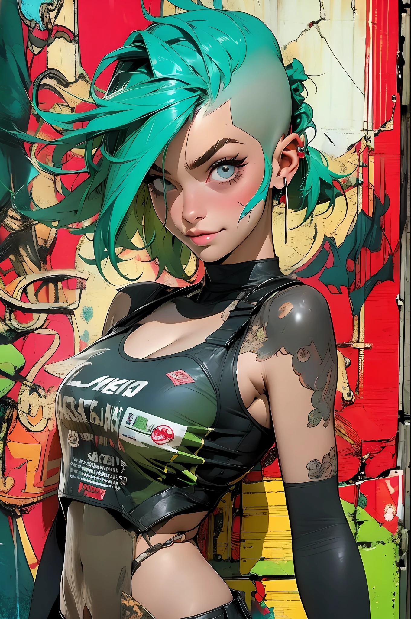 ((( corpo inteiro ))), master part, best quality, super detalhe, 8k, mulher linda, Tank Girl com cara de maluca, sorriso malicioso , (((corpo inteiro))), cabelo moicano colorido, garota punk, post-apocalyptic world, (( menina do tanque )), Nijistyle, roupas rasgadas e sujas, moicano curto, sides of shaved head, rosto limpo, corpo inteiro