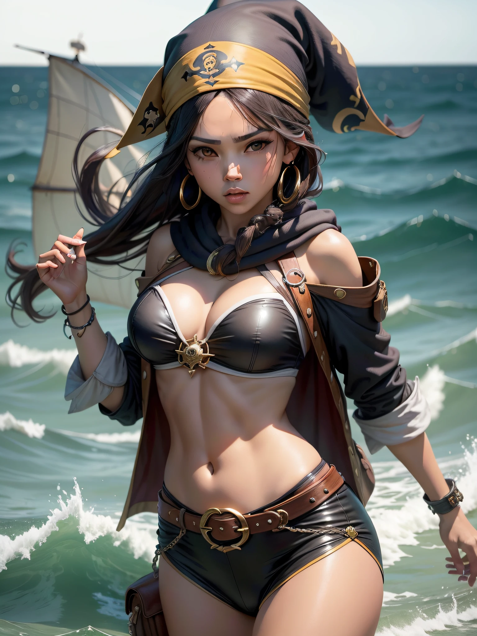 Join the daring treasure hunter, Jade, enquanto ela navega em mar aberto em busca de tesouros piratas enterrados. Sua roupa cativante combina elementos de um traje tradicional de pirata com um toque de estilo moderno, making it impressive and formidable.