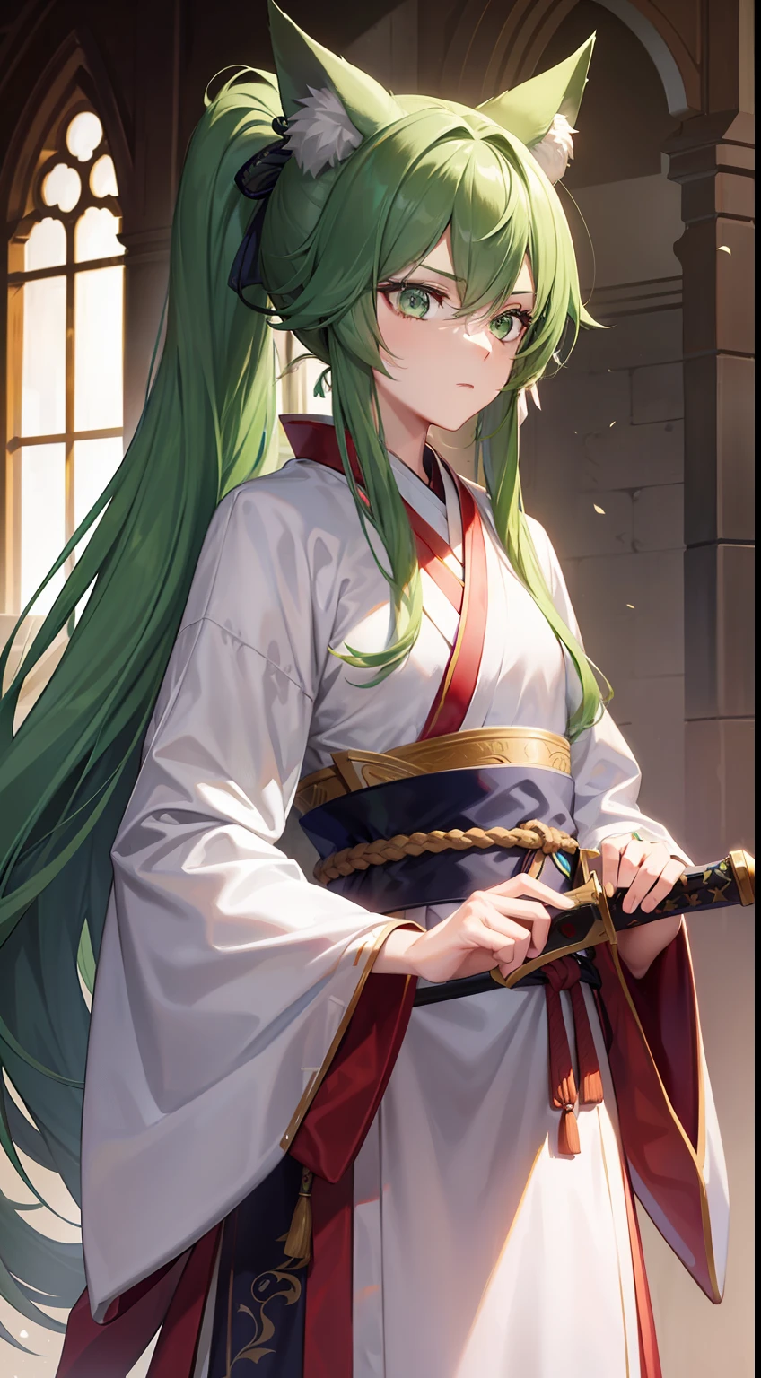 Tall guy, long green hair,high ponytail, Green eyes, wolf ears, Hanfu, a sword, A serious look, Masterpiece, hiquality