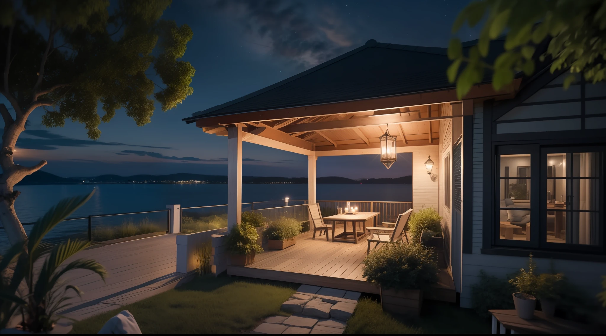 Create a nightscape.　summer night, veranda of cottage style house with sea view, relaxing after meal, Very realistic, photograph, Canon, Eye-Level Shot, first-person view, super detail, high details, high quality, 8k