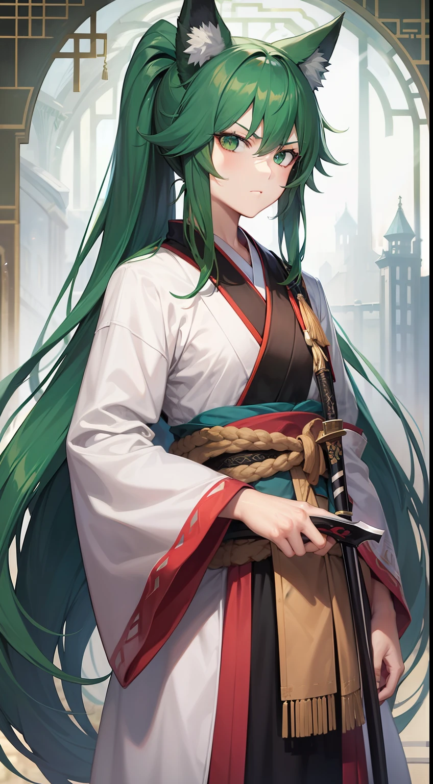 Tall guy, long green hair,high ponytail, Green eyes, wolf ears, Hanfu, a sword, A serious look, Masterpiece, hiquality