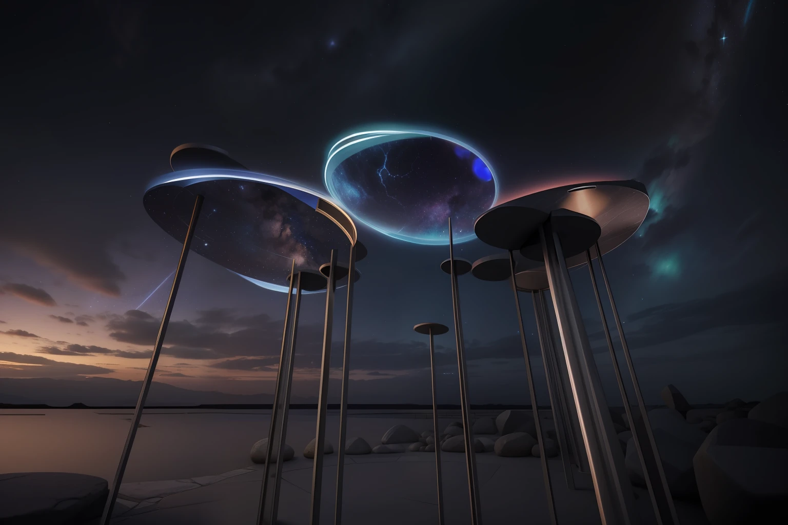 multiple stones connected to the ground by grey columns in the starry cloudy sunset and there are light screen displaying colorful and mysterious starry sky on the round surface of these stones, wide angle