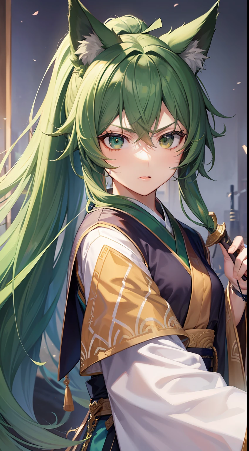 Tall guy, long green hair,high ponytail, Green eyes, wolf ears, Hanfu, a sword, A serious look, Masterpiece, hiquality