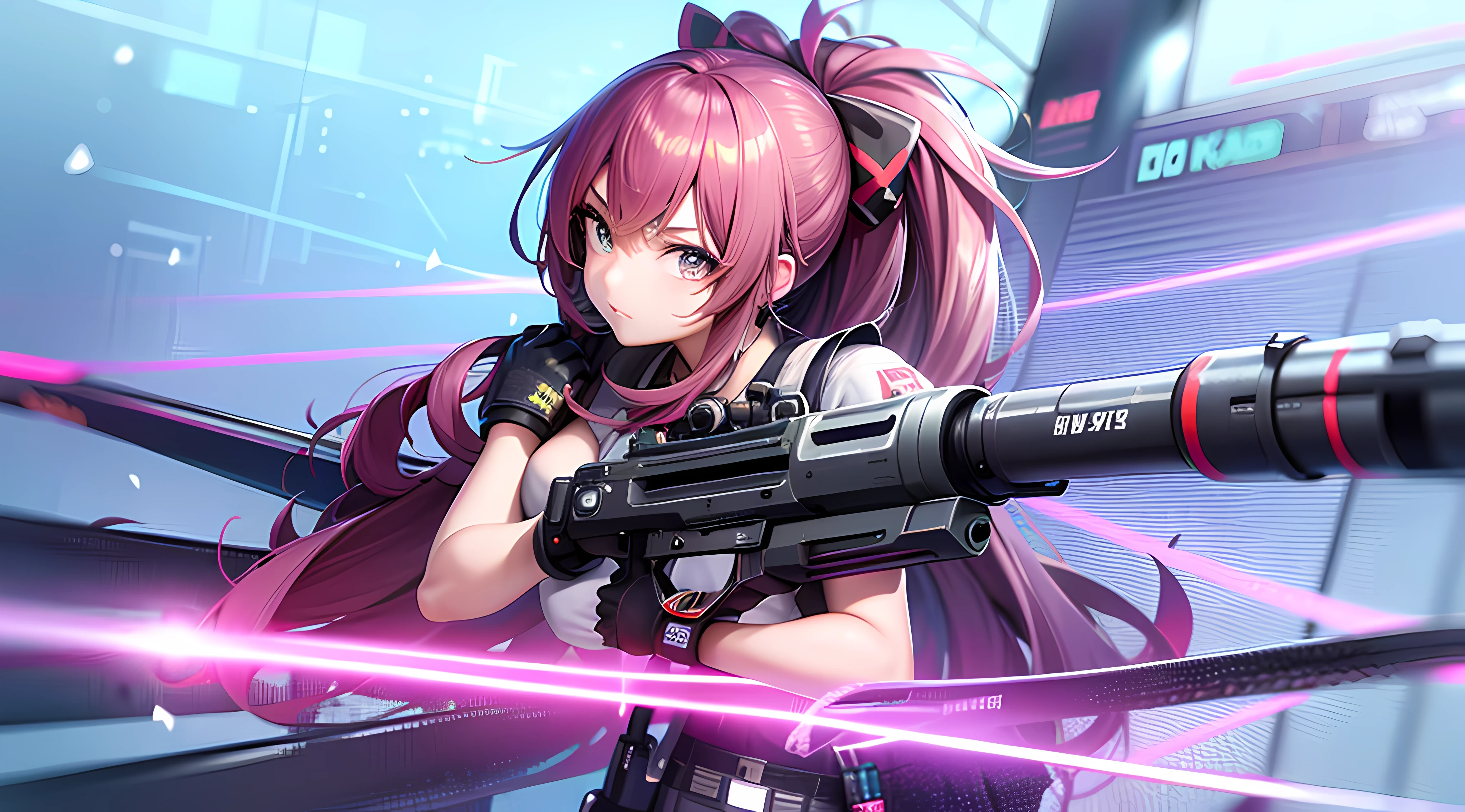 Anime girl holding gun and neon background in her hands, Best anime 4k konachan wallpaper, anime moe art style, style of anime4 K, kda, vivy, Pisif 3DCG, 2 b, 2b, Splash art anime Loli, Pisif, Rem Rezero, Pisif style, Badass anime 8 K