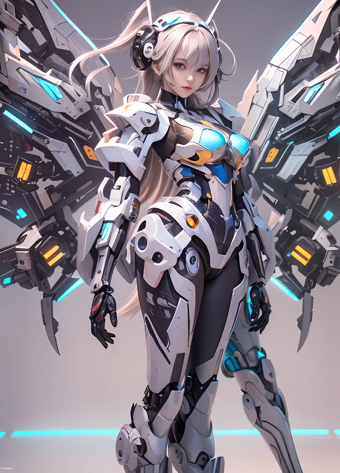 Arad woman in a futuristic suit with wings and sword, girl in mecha cyber armor, cyberpunk anime girl mech, anime robotic mixed with organic, Mechanized Valkyrie girl, perfect anime cyborg woman, Cute cyborg girl, female mecha, simple futurist cyborg empress, beautiful girl cyborg, Beautiful robot character design, 3 D rendering character art 8 K, anime robots