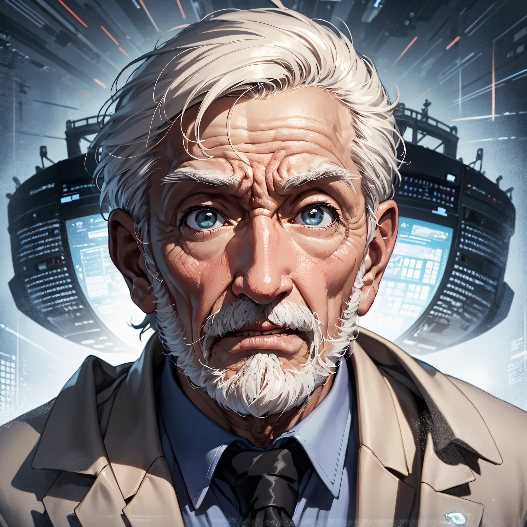 Ridiculous resolution,A high resolution,(tmasterpiece:1.4),1 old man with short white hair dressed as a scientist,Expressions of surprise and shock(1.2),Open-mouthed,In the background is a large scientific observatory,There are a lot of big screens