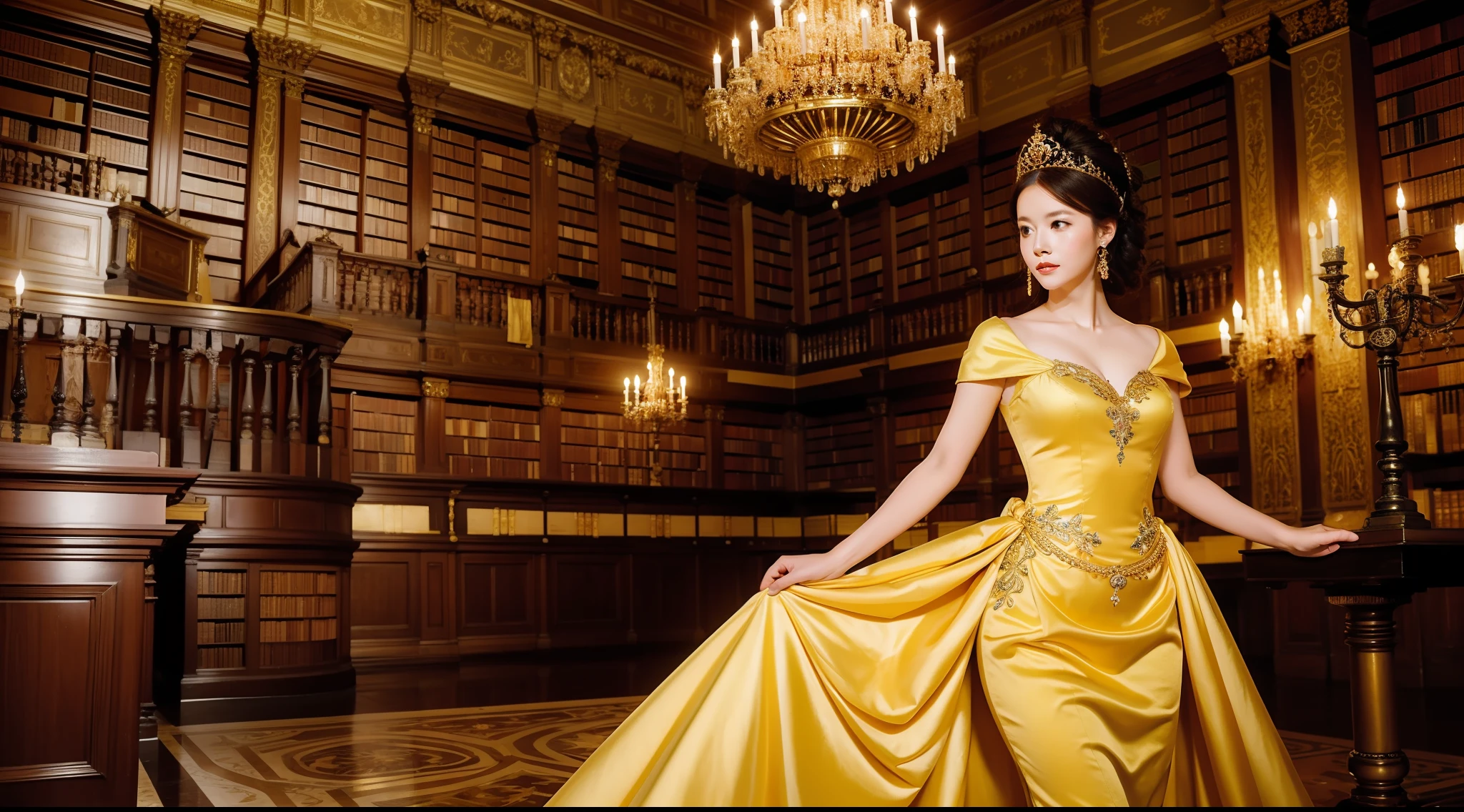A queen in a golden dress in a baroque library with a painted roof