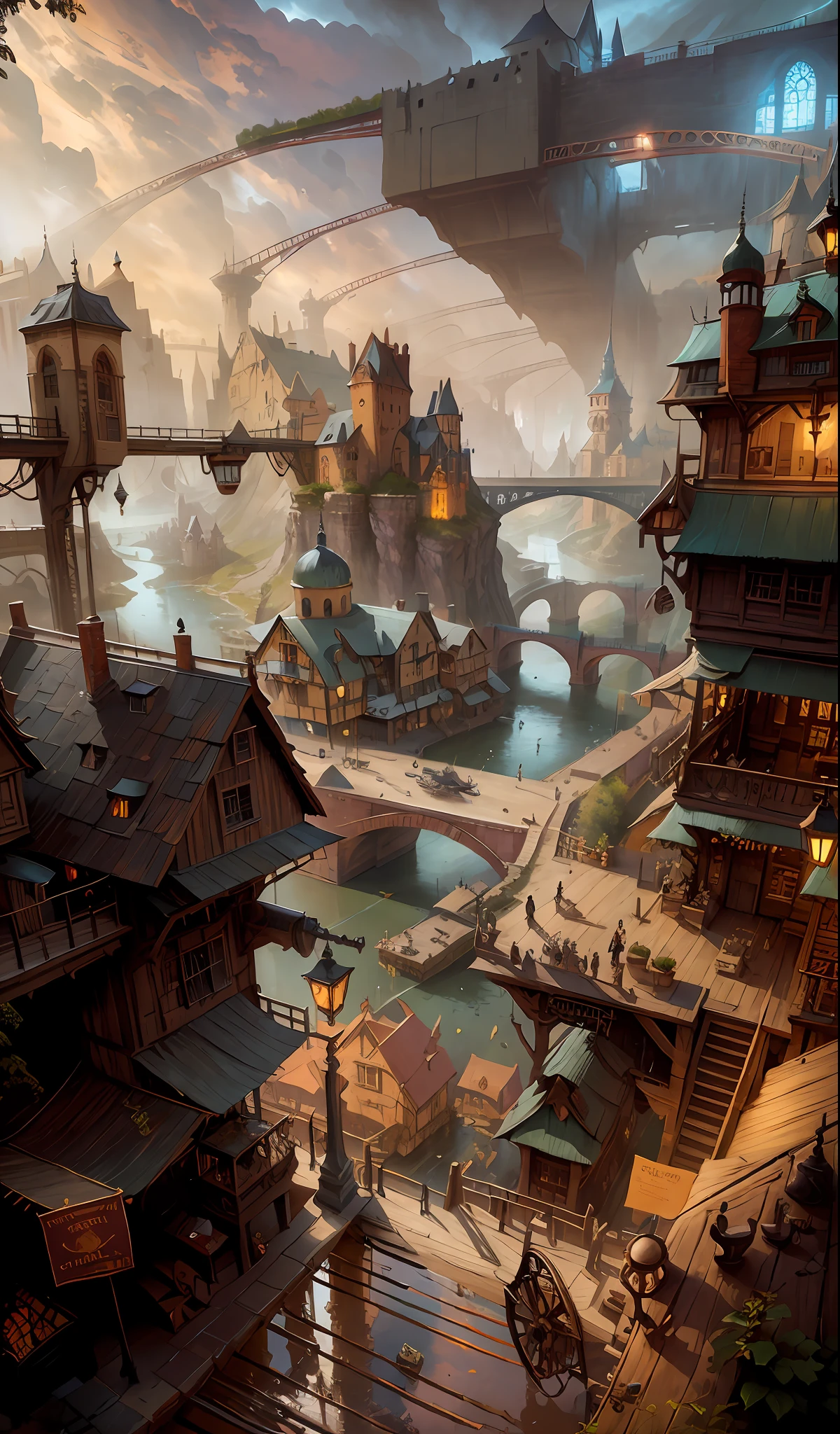 there is a painting of a town with a bridge and a river, medeival fantasy town, steampunk villages castles, fantasy town setting, by Aleksander Gine, painterly concept art, flintlock fantasy capital city, beautiful concept art, detailed 4k concept art, andreas rocha style, detailed digital concept art, beautiful detailed concept art, concept art stunning atmosphere