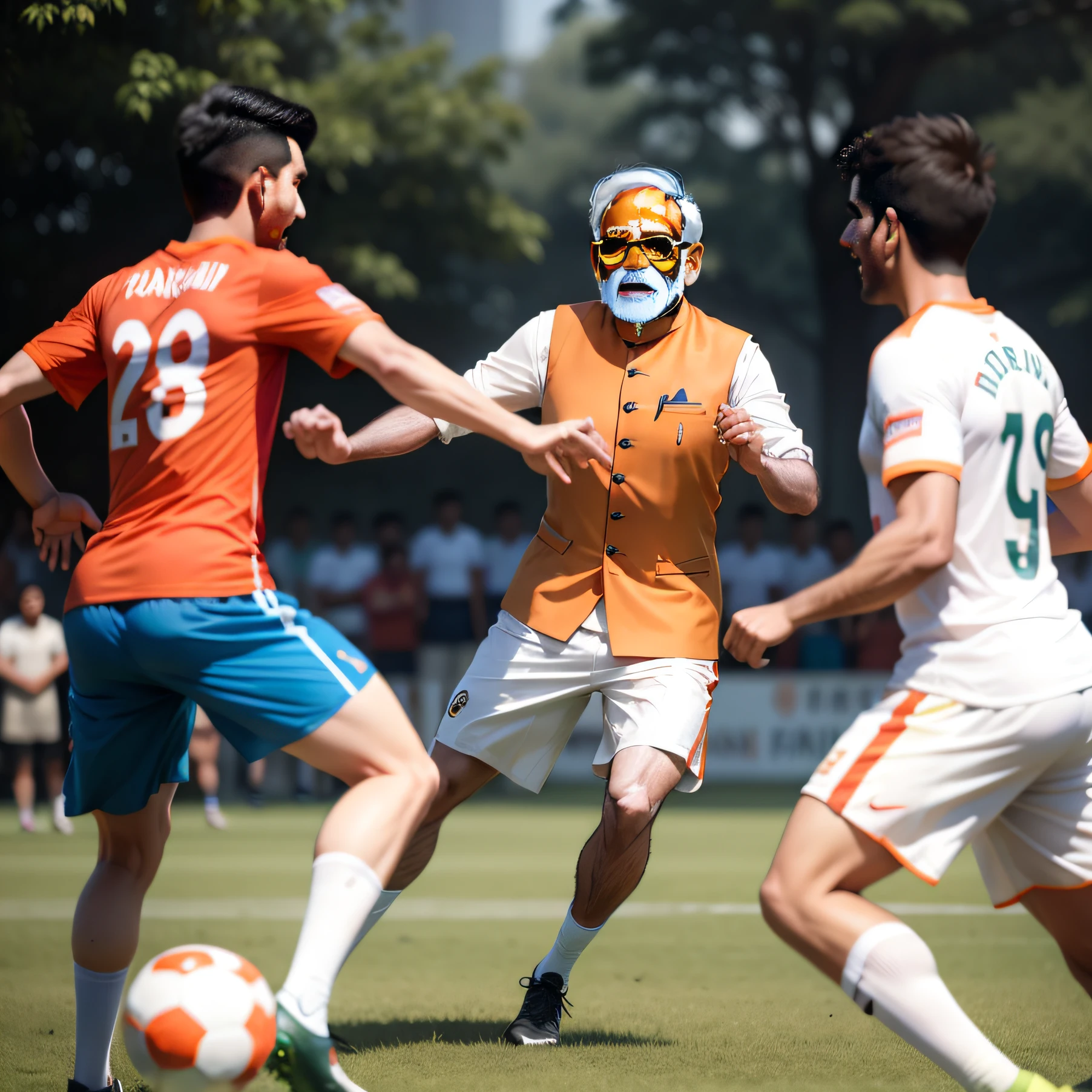 "Dynamic shot of Prime Minister Modi passionately playing football with exceptional skills and enthusiasm."