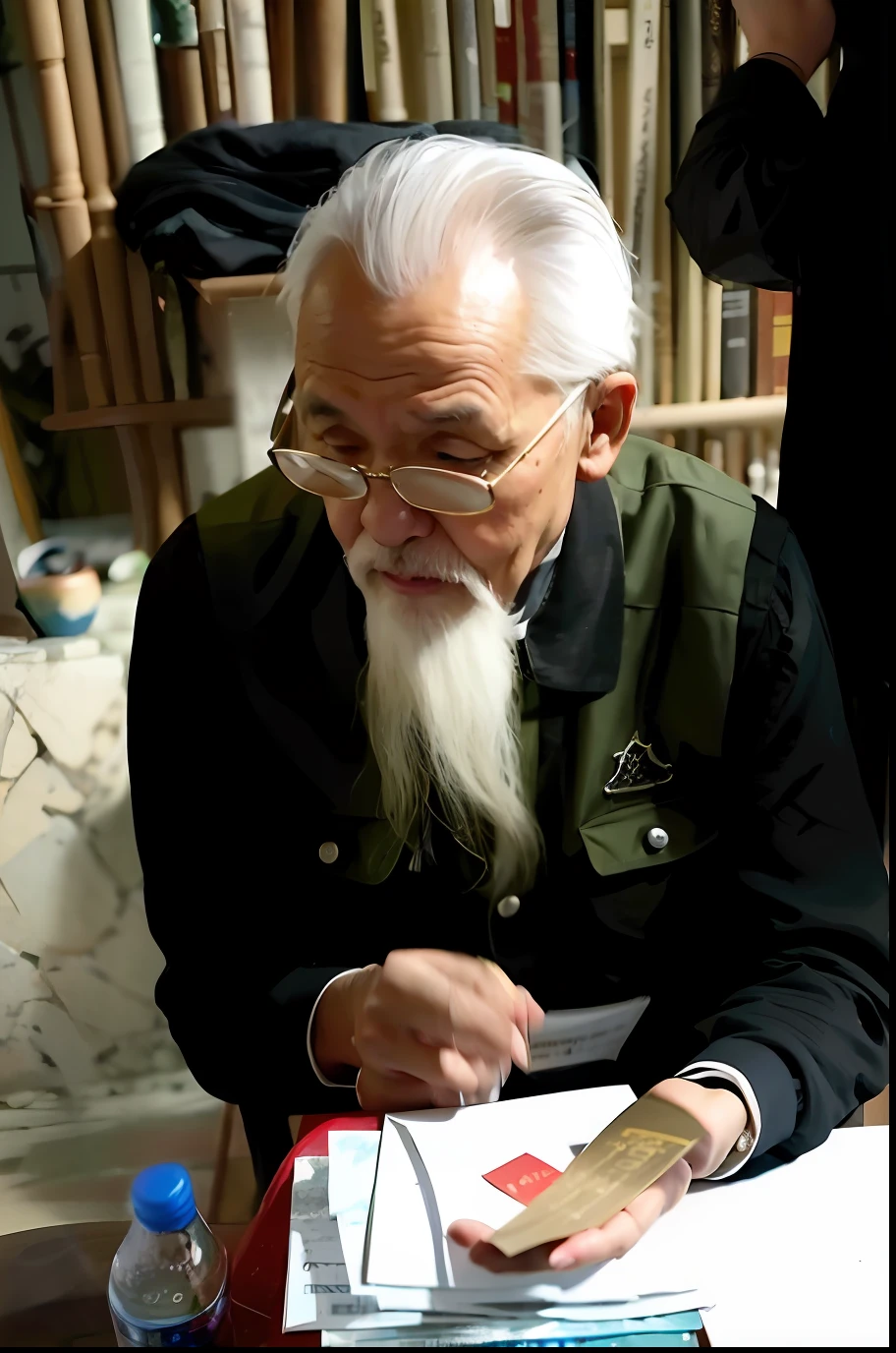 There was a man sitting at the table,Holding a book and a knife, zhang daqian, chinese artist, qi sheng luo, yintion j - jiang geping, zeng fanzhi, old man, phong yintion j - jiang geping, An old man, Inspired by Liu Jue, song nan li, old man doing hard work