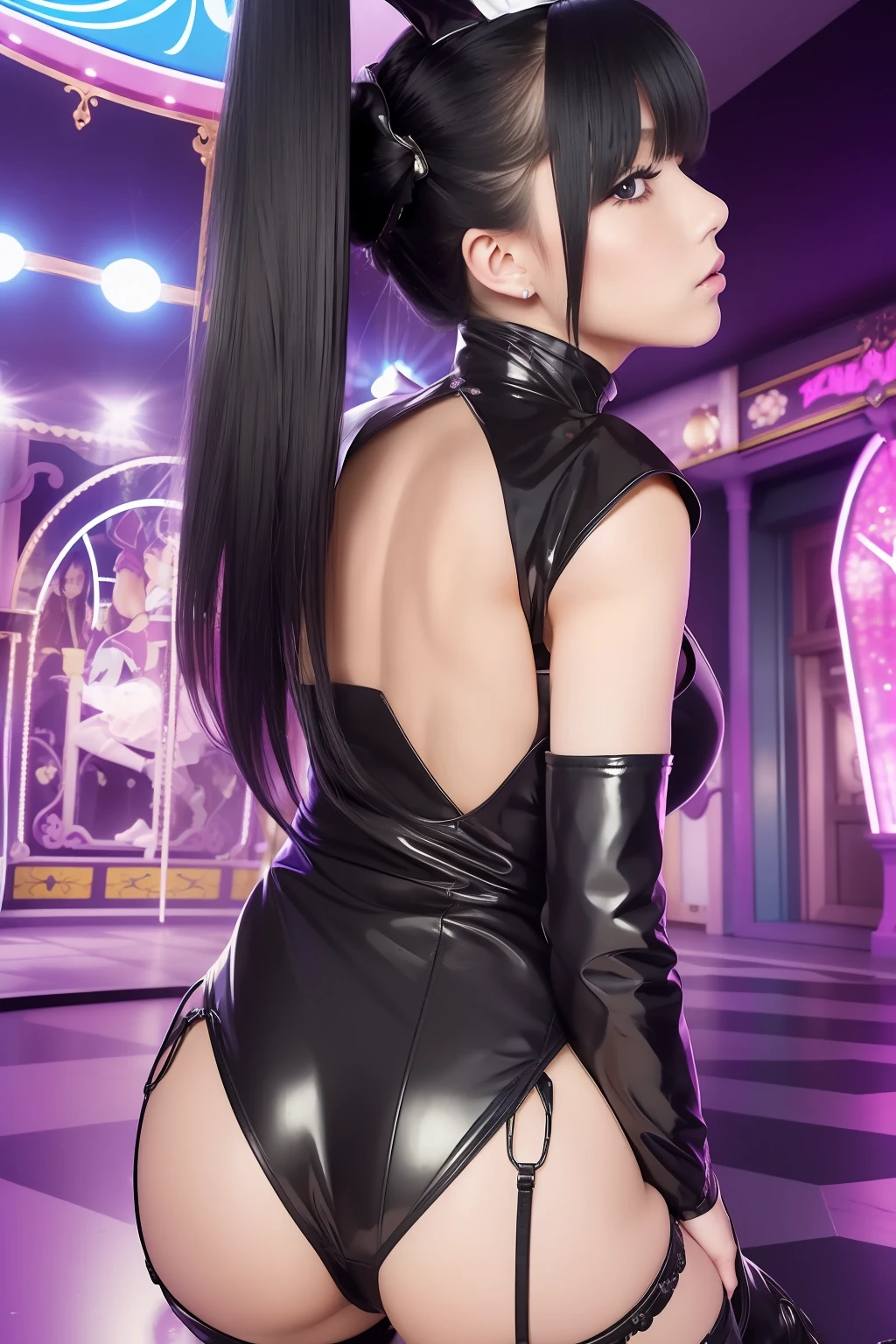 (((Black Bunny Girl Hair Band)))、(((Twin-tailed)))、(((Hair that flutters in the wind)))、Photorealsitic、超A high resolution、Convoluted、ultra-detailliert、(dent in the skin)、Cute、Feminine、Detailed body、Medium chest、(A detailed face: 1.1)、(Outline of the iris)、(Hydrocore Lens)、(perfect  eyes)、4K、Beautiful fece、(​masterpiece: 1.2)、(top-quality:1.2)、Multiple beautiful women、wide-hips、slenderbody、doress、ふしだらな、Awkward seductive pose、stripper、In a club、Dancing、Black theme、crouching down、Open your crotch、Optimal ratio of 4 fingers to 1 thumb、actionpose、(((Looks Back))) 、(((Inside the house of mirrors in the amusement park))) 、((Enamel knee-high boots))、((Enamel Long Gloves))