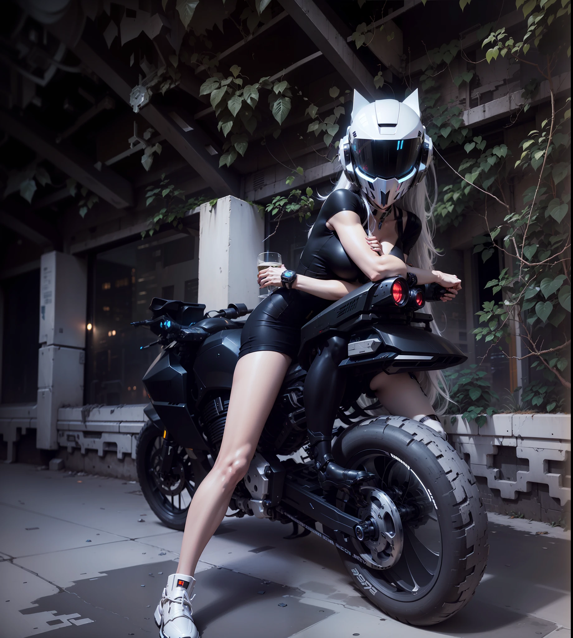 Sexy cyberpunk female knight with long white hair，long  white hair，Black cyberpunk mech costume，High-tech white all-inclusive helmet，Biomechanicals， MSHN Robot Man，High-tech helmet，hyper realisitc， Steel， Complex design， insanely details， finely detailled， Extremely clear lines， cinmatic lighting， photograph realistic， A detailed masterpiece