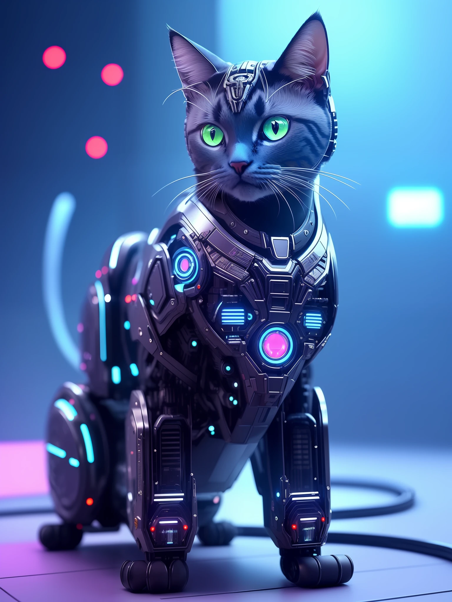 A cat with half of its body made of machines、The type of cat is Siamese cat、a cute kitten made of metal、cyborgs、Cyberpunk style、((intricate-detail))、nffsw、((intricate-detail、ultra-detailliert))、Cinematic shots、vignettes、The color of the metal part is silver metallic