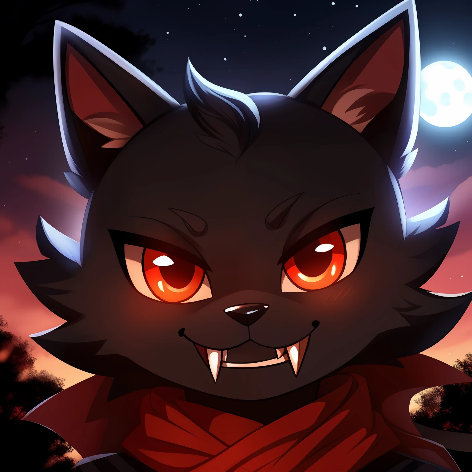 adorable gatito de pelaje negro suave como la seda. Tiene grandes ojos amarillos penetrantes que brillan en la oscuridad. His sharp fangs poke slightly out of his mouth when he smiles., giving it a vampiric look. Lleva un elegante esmoquin negro con detalles en rojo oscuro, y una capa a juego que le da un aire misterioso y encantador. A pesar de su apariencia tenebrosa, Nocturno conserva su actitud juguetona y traviesa